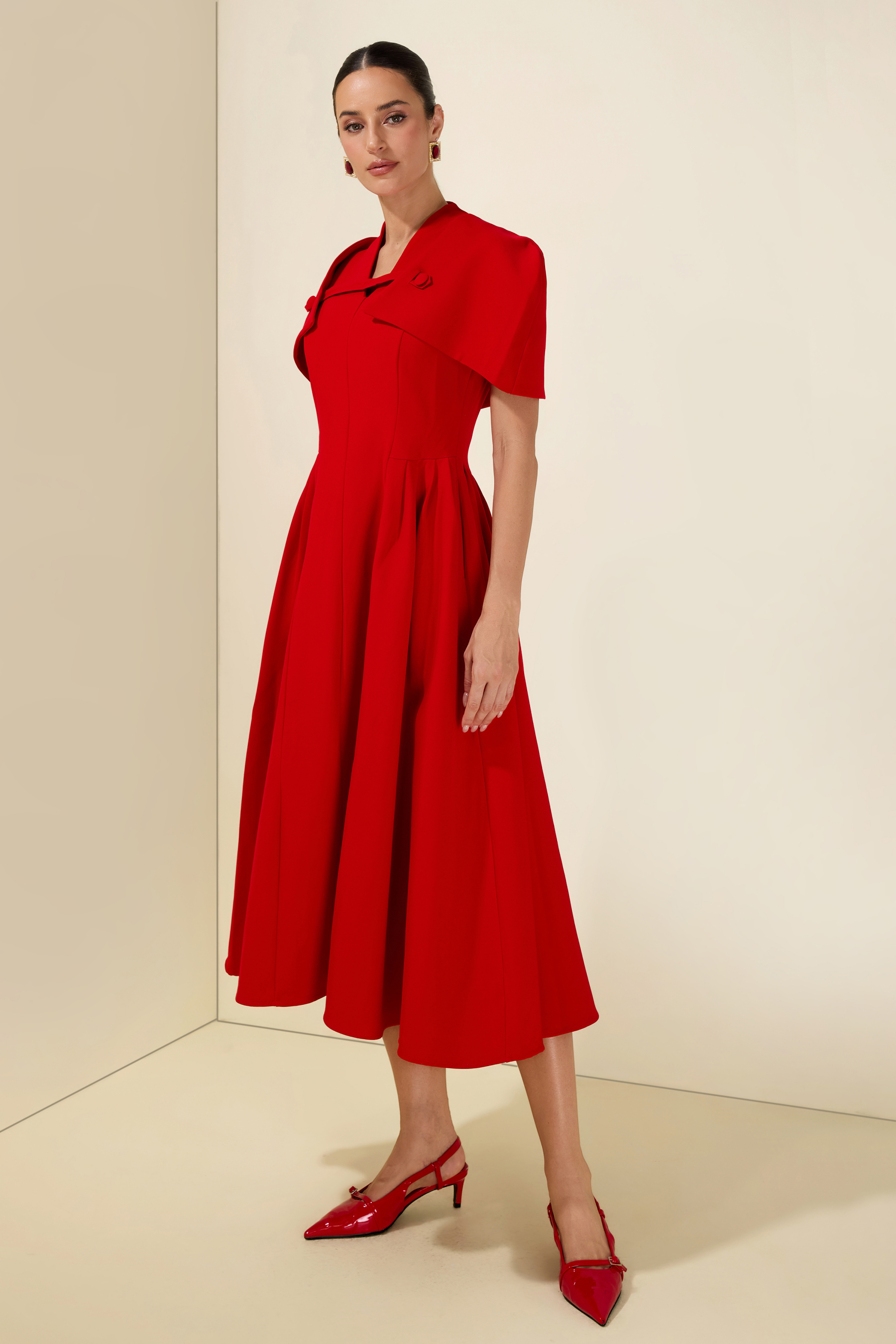 V-Neck Ruched Midi Dress With Cape