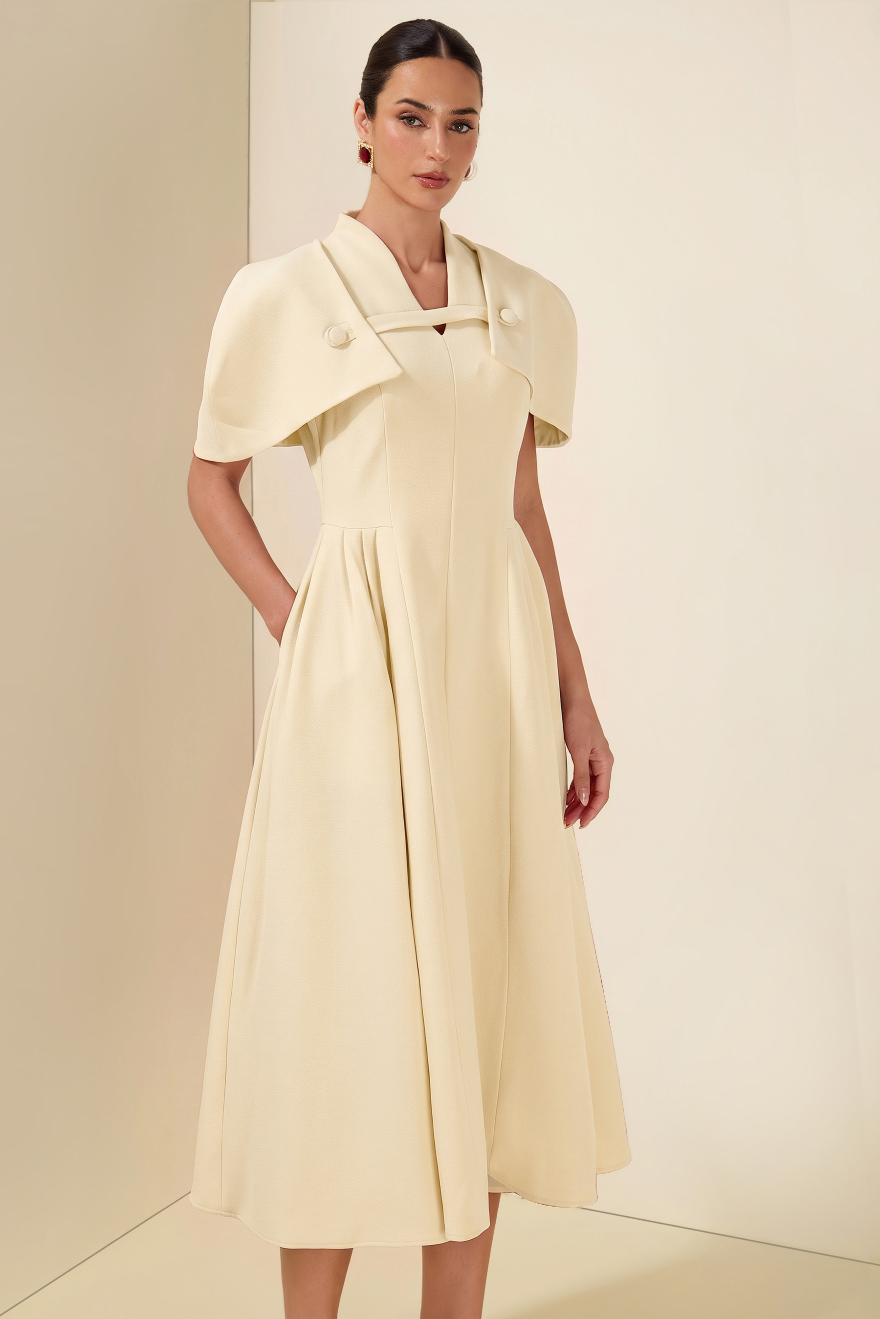 V-Neck Ruched Midi Dress With Cape