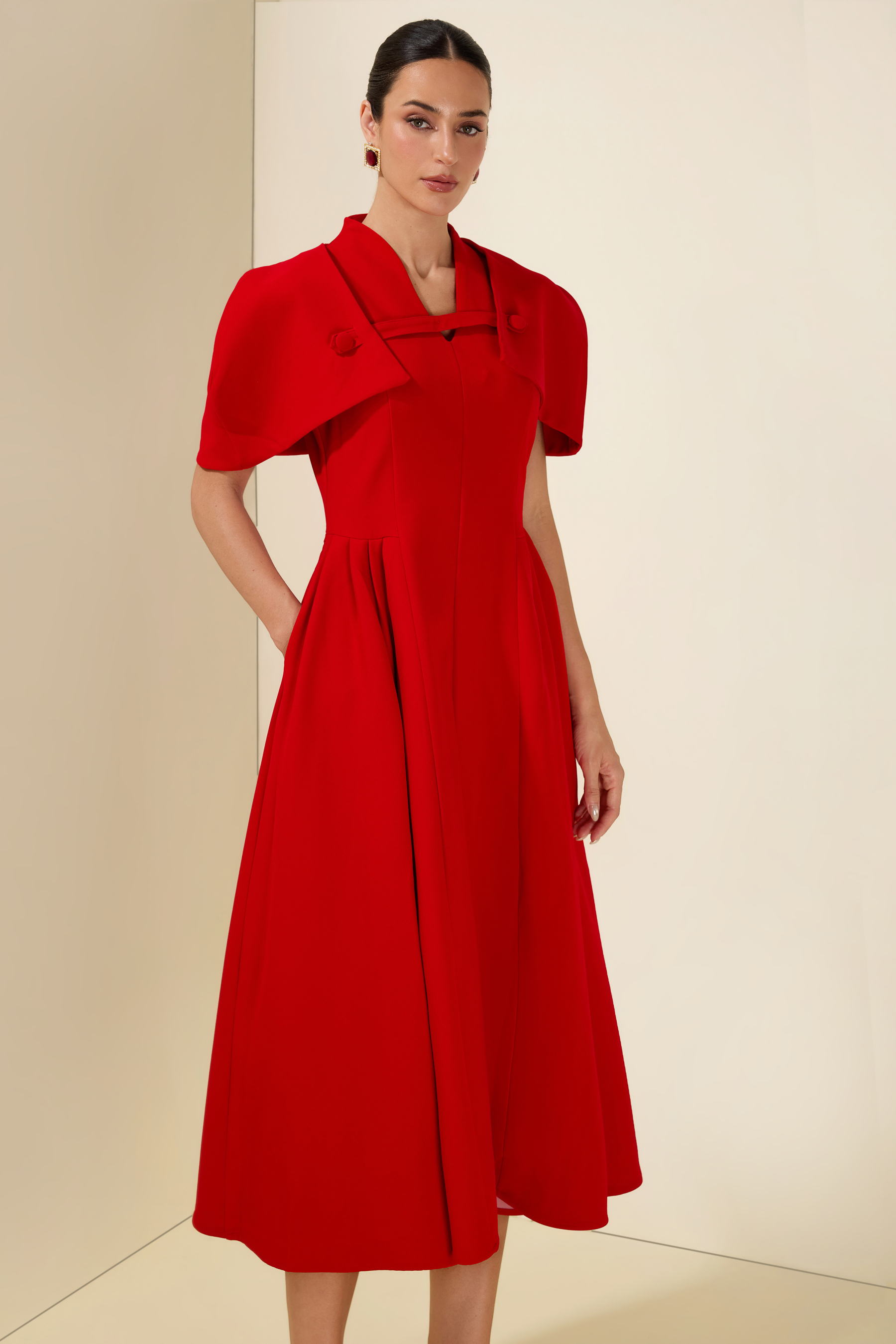 V-Neck Ruched Midi Dress With Cape