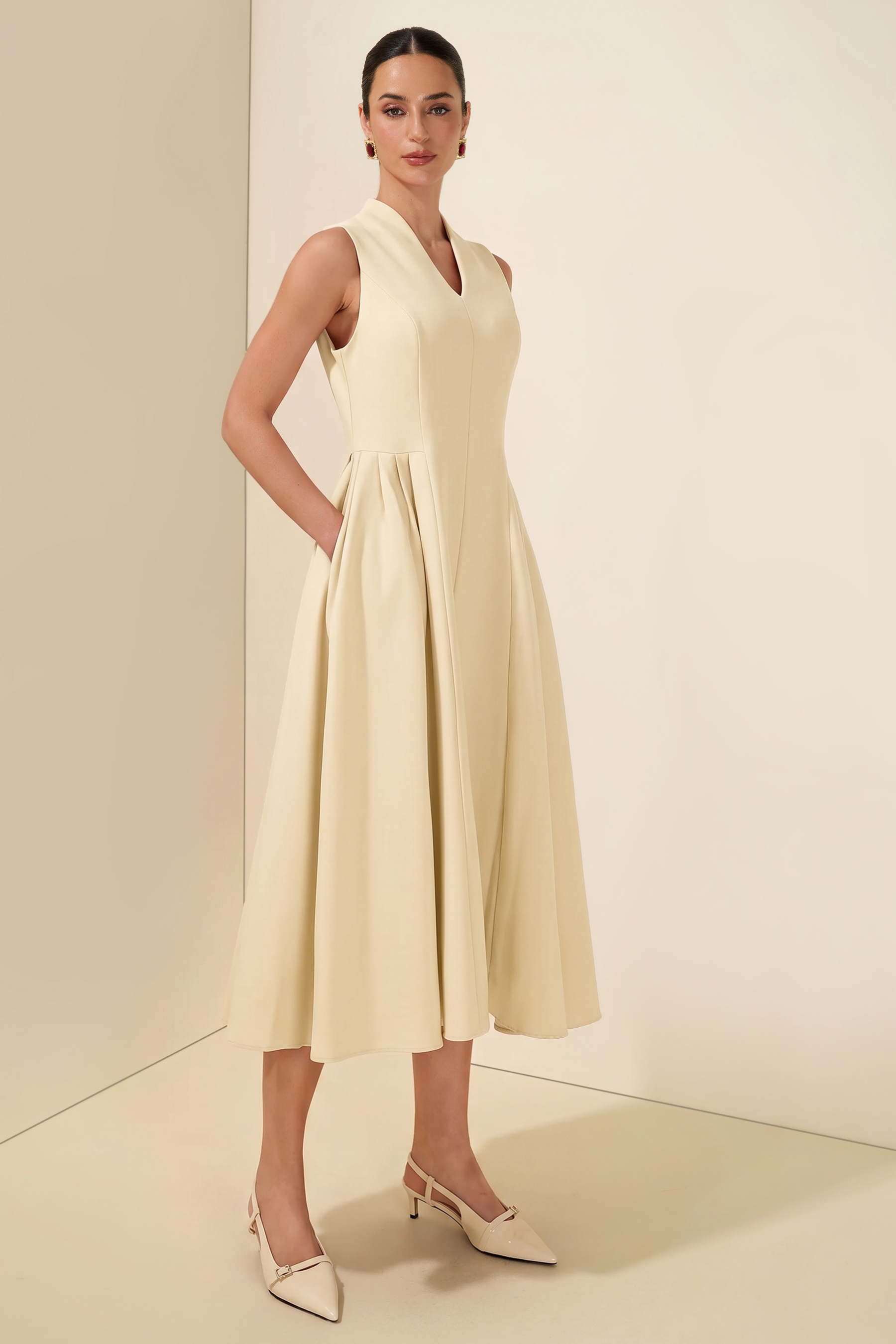 V-Neck Ruched Midi Dress With Cape