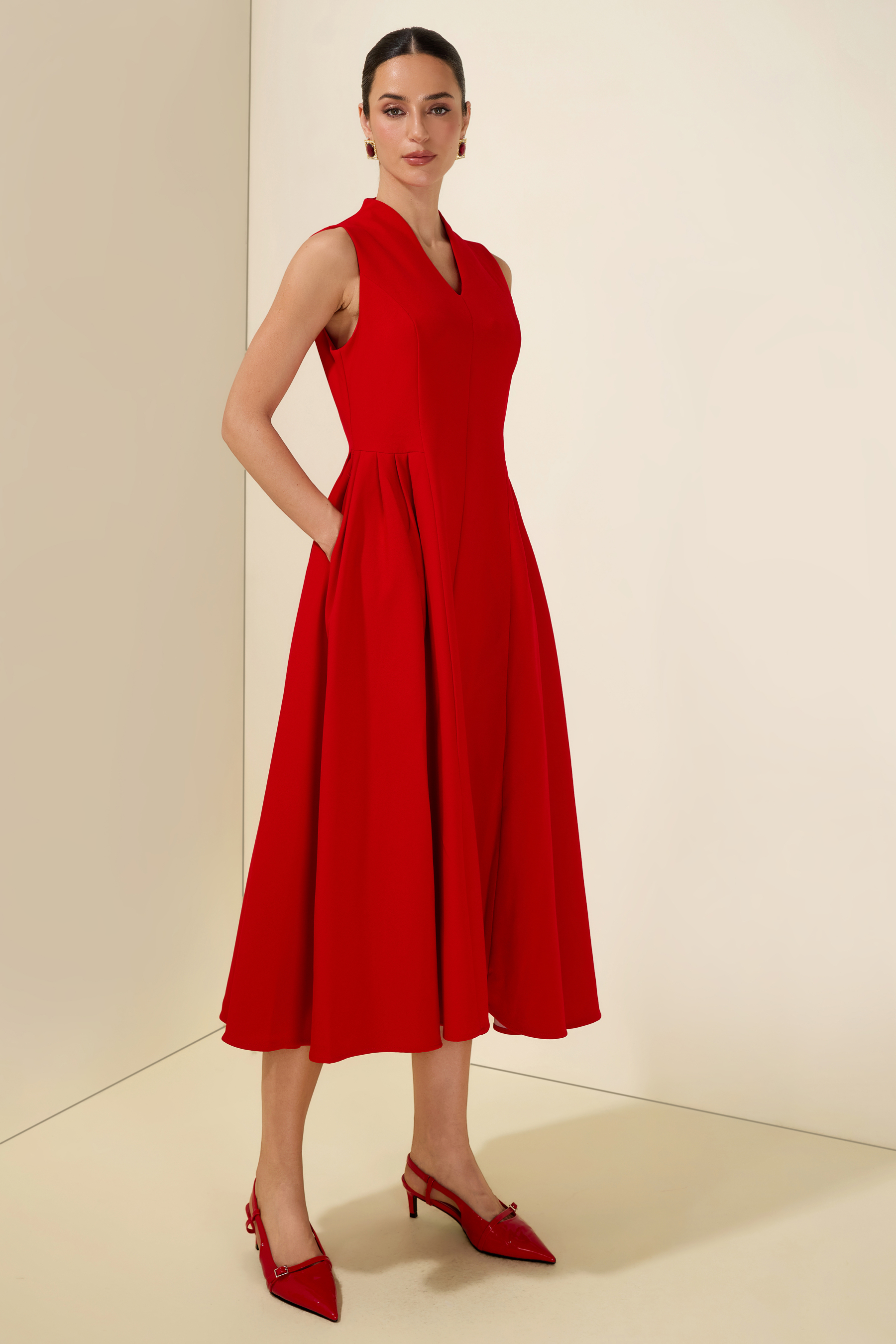 V-Neck Ruched Midi Dress With Cape