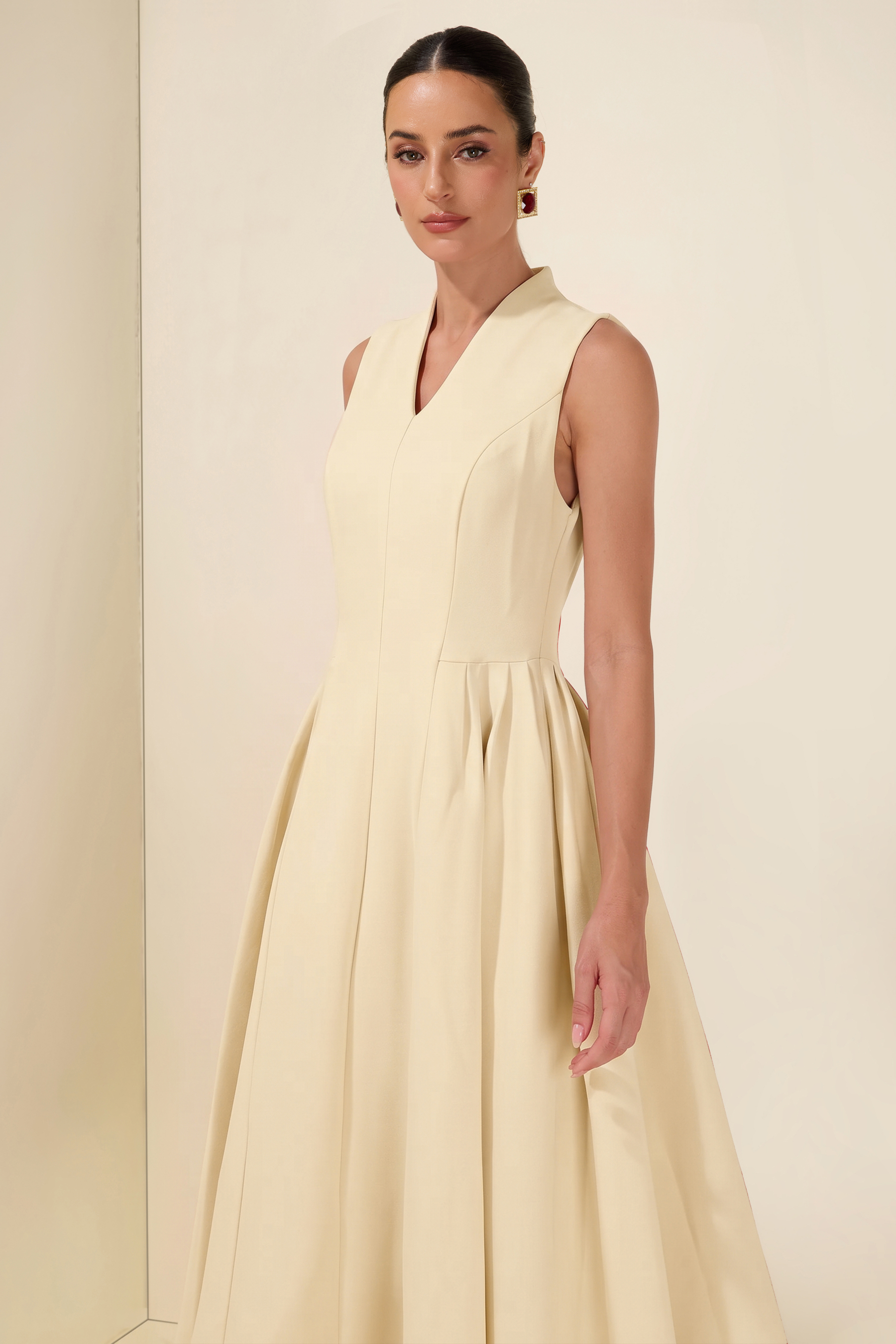 V-Neck Ruched Midi Dress With Cape