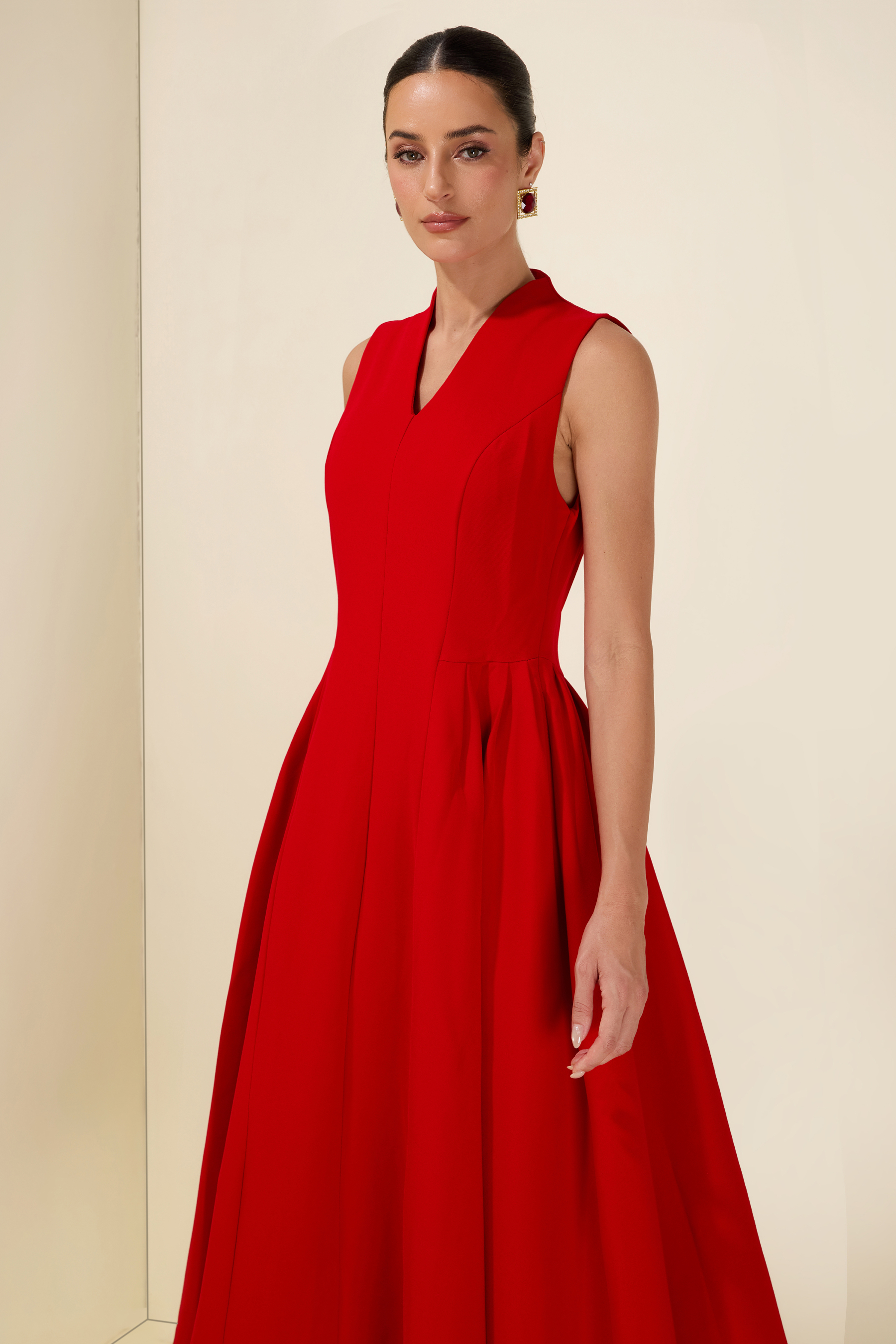 V-Neck Ruched Midi Dress With Cape