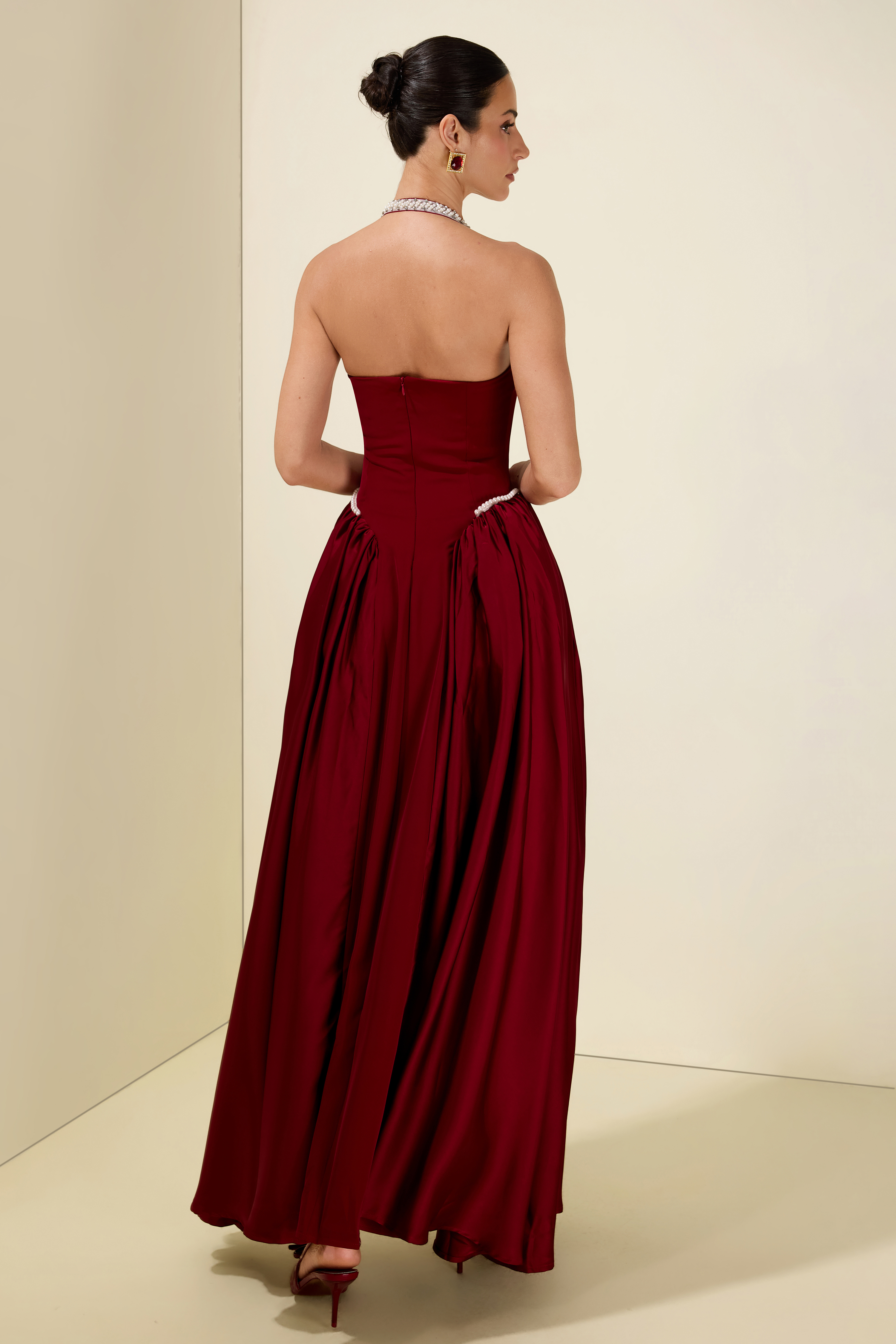 Faux Pearl Satin Halter Neck Midi Dress