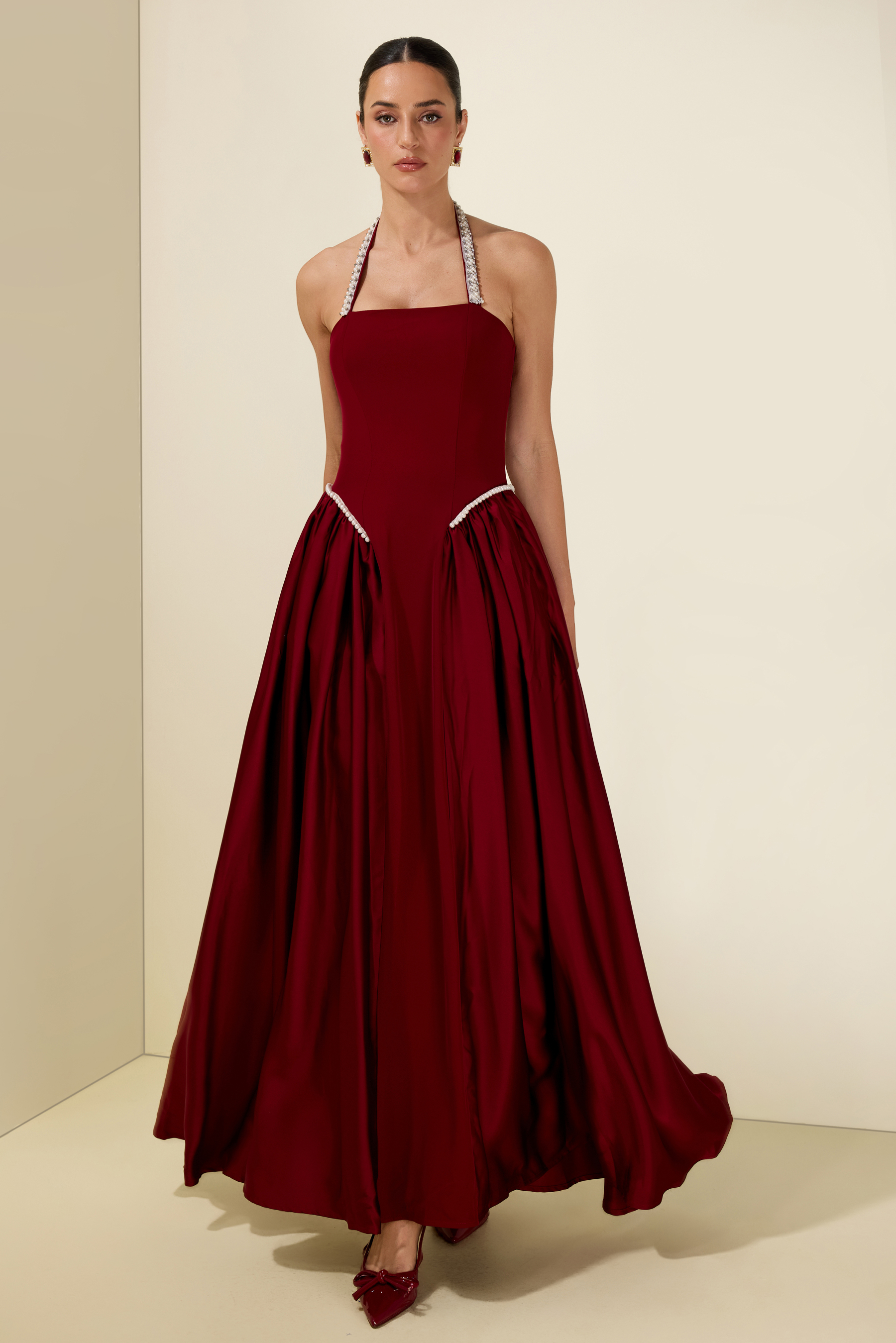 Faux Pearl Satin Halter Neck Midi Dress