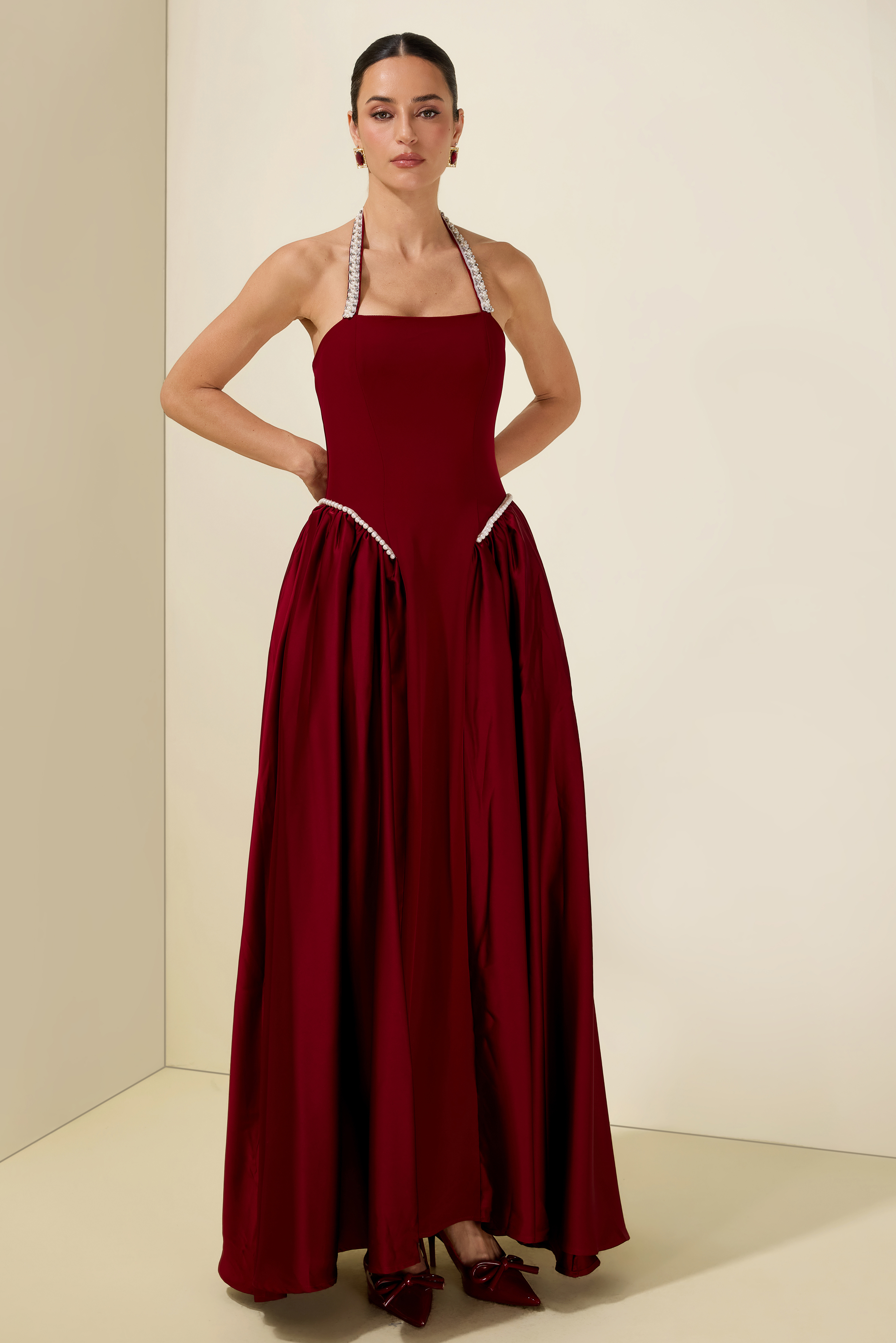 Faux Pearl Satin Halter Neck Midi Dress