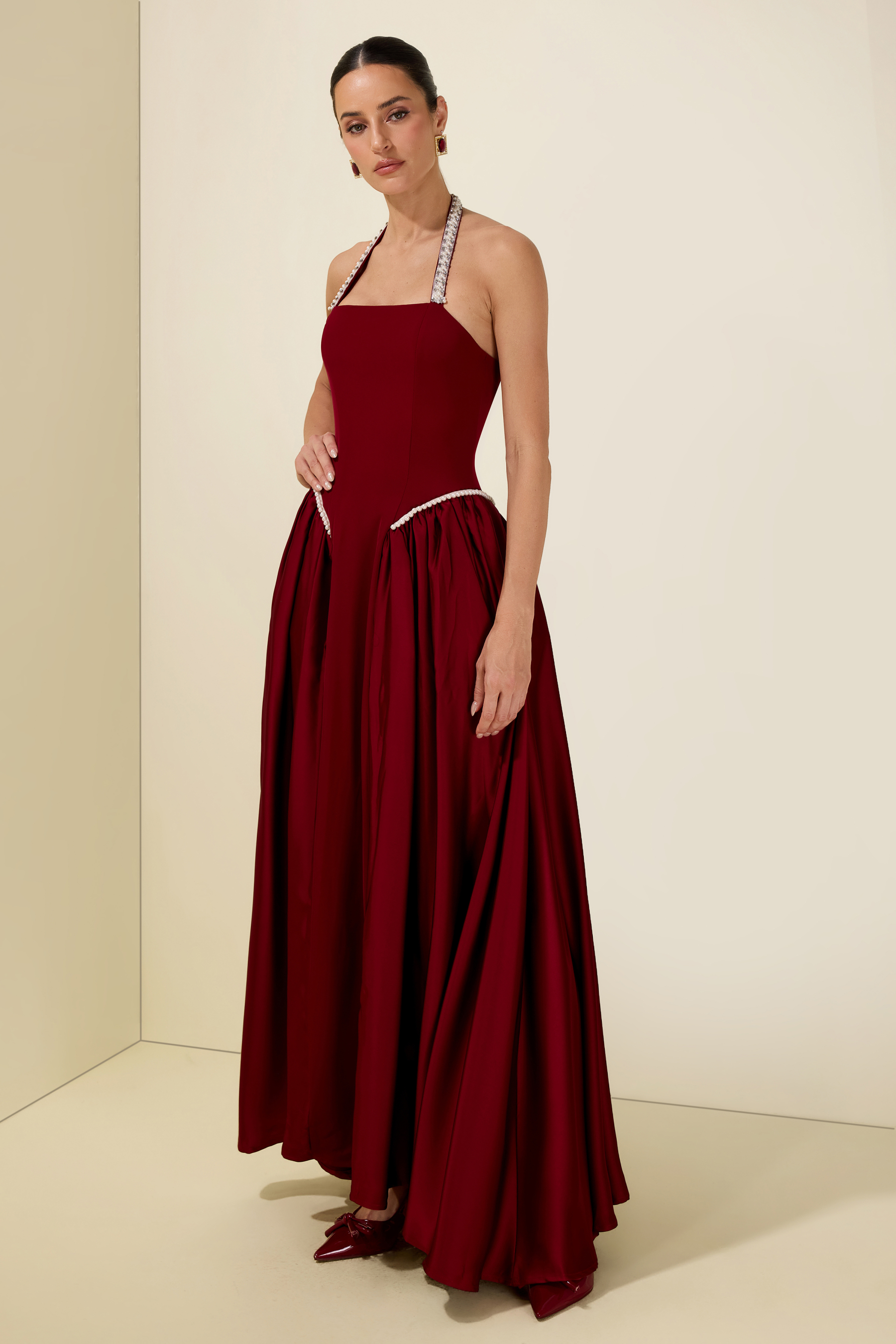 Faux Pearl Satin Halter Neck Midi Dress