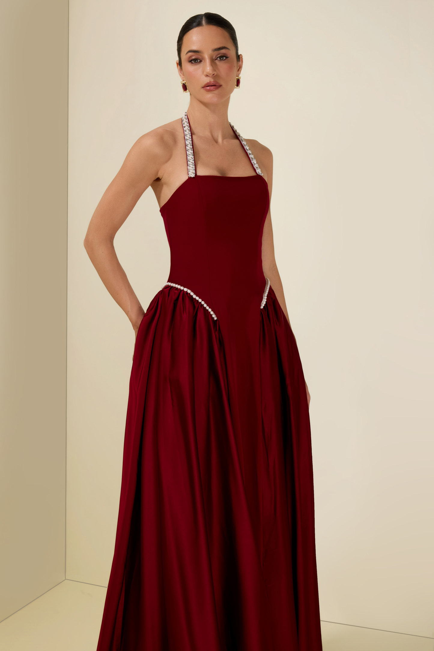 Faux Pearl Satin Halter Neck Midi Dress