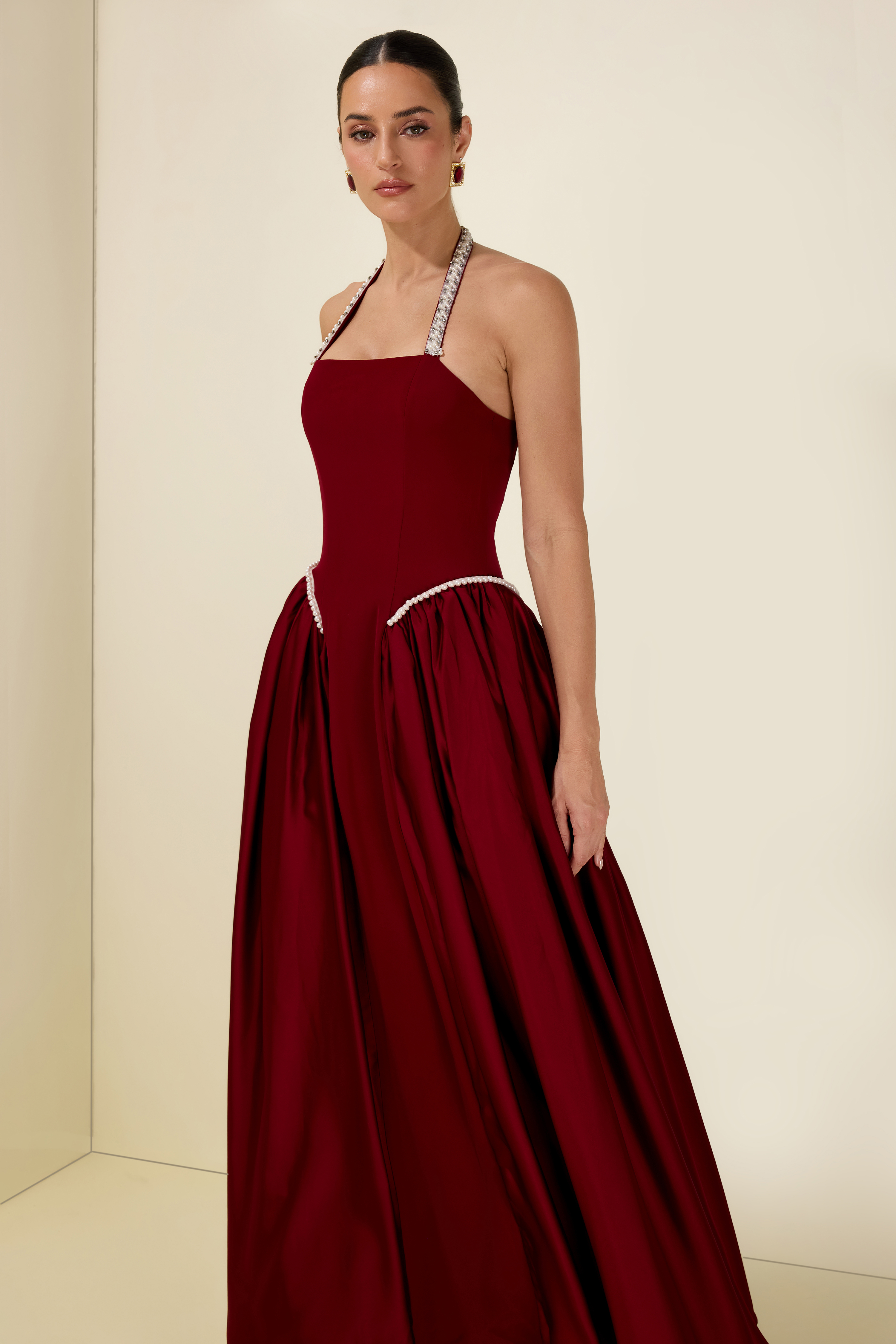 Faux Pearl Satin Halter Neck Midi Dress