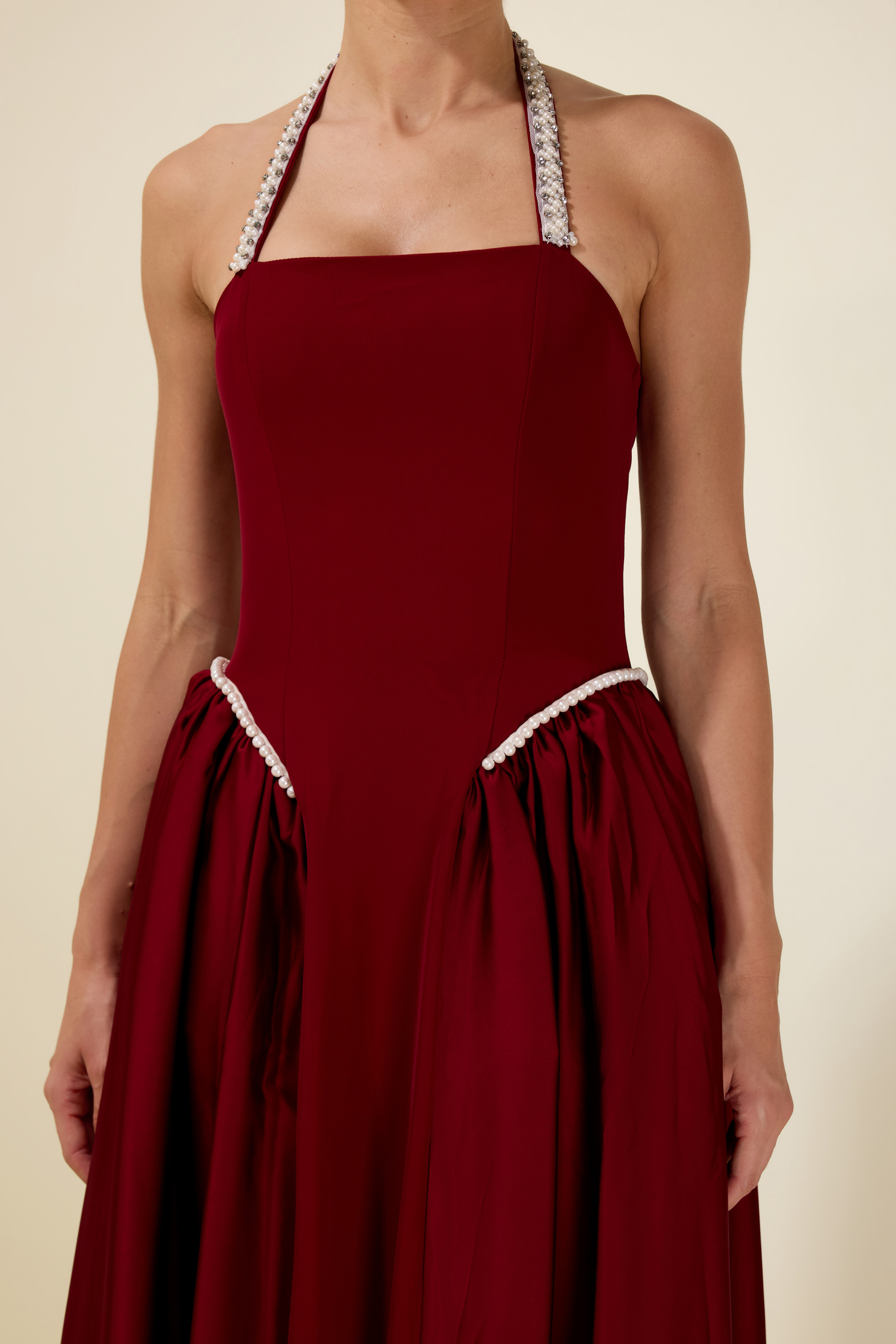 Faux Pearl Satin Halter Neck Midi Dress