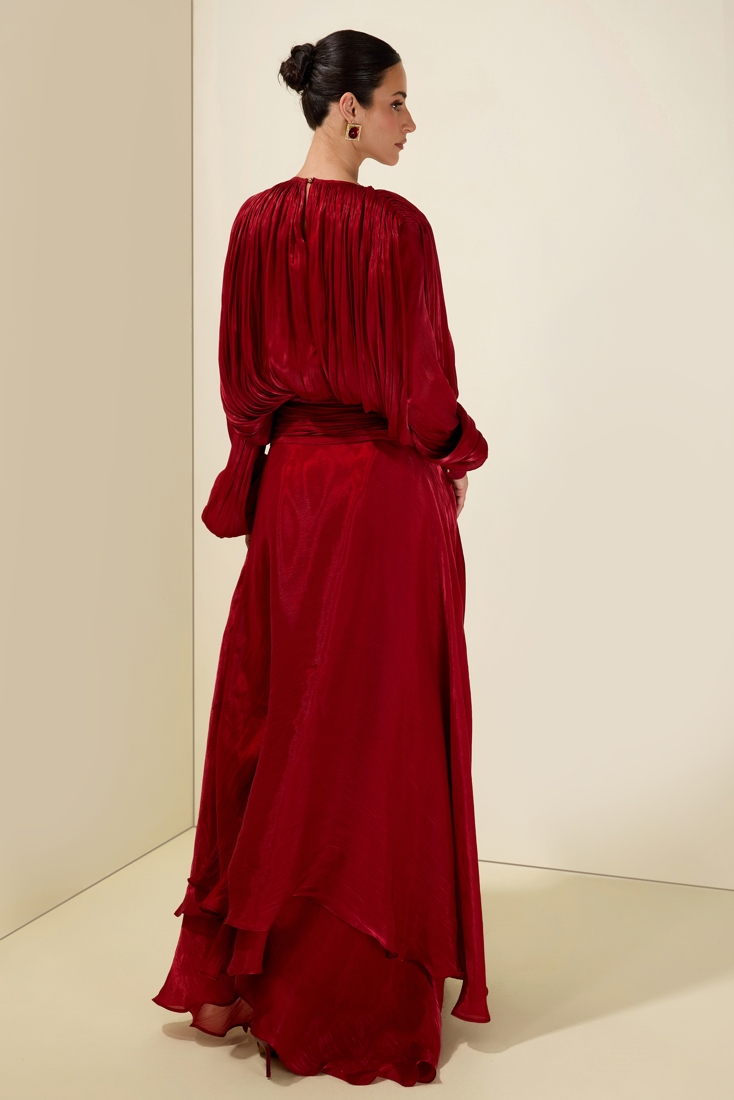Gathering Long Sleeve Irregular Ruffle Midi Dress