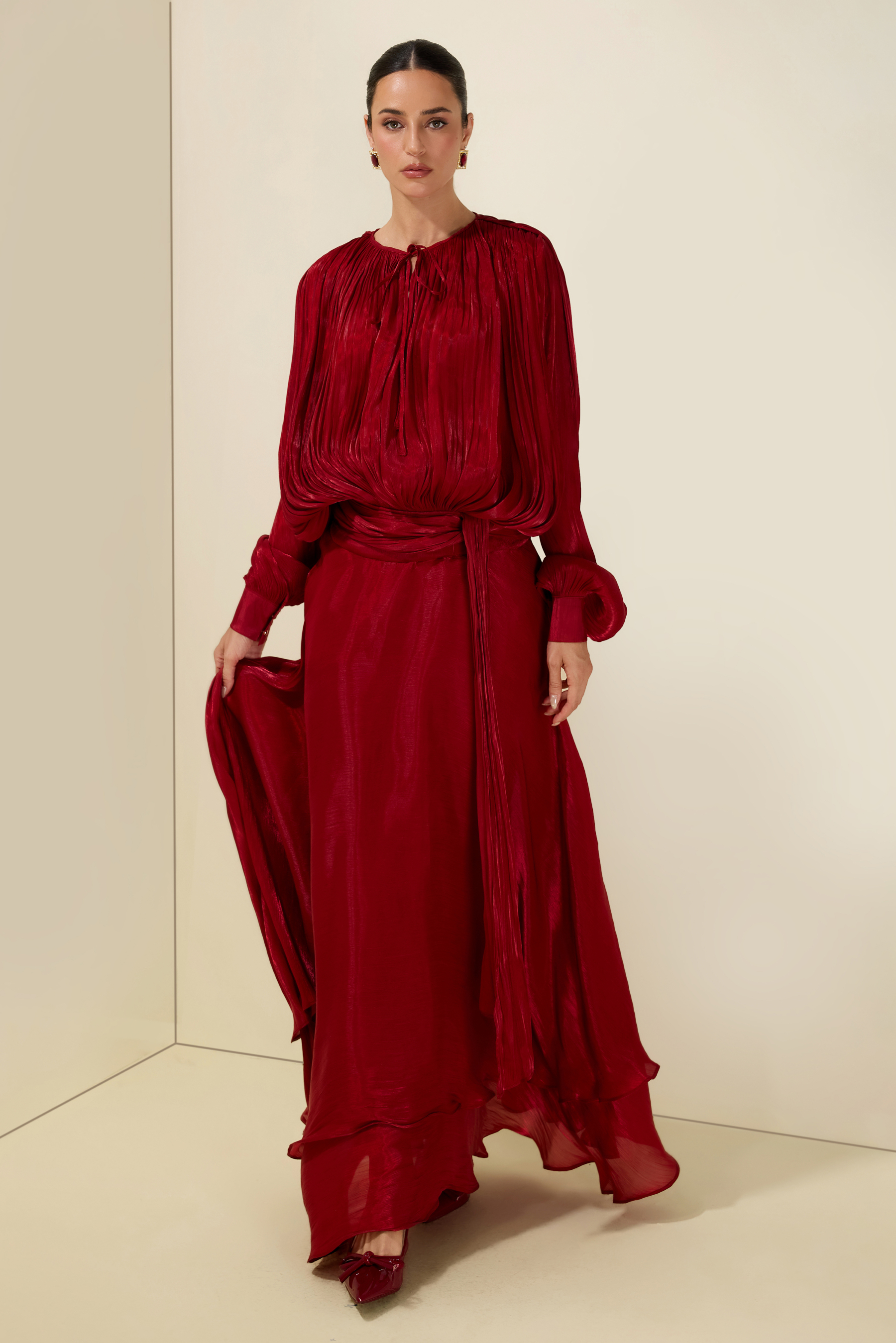 Gathering Long Sleeve Irregular Ruffle Midi Dress