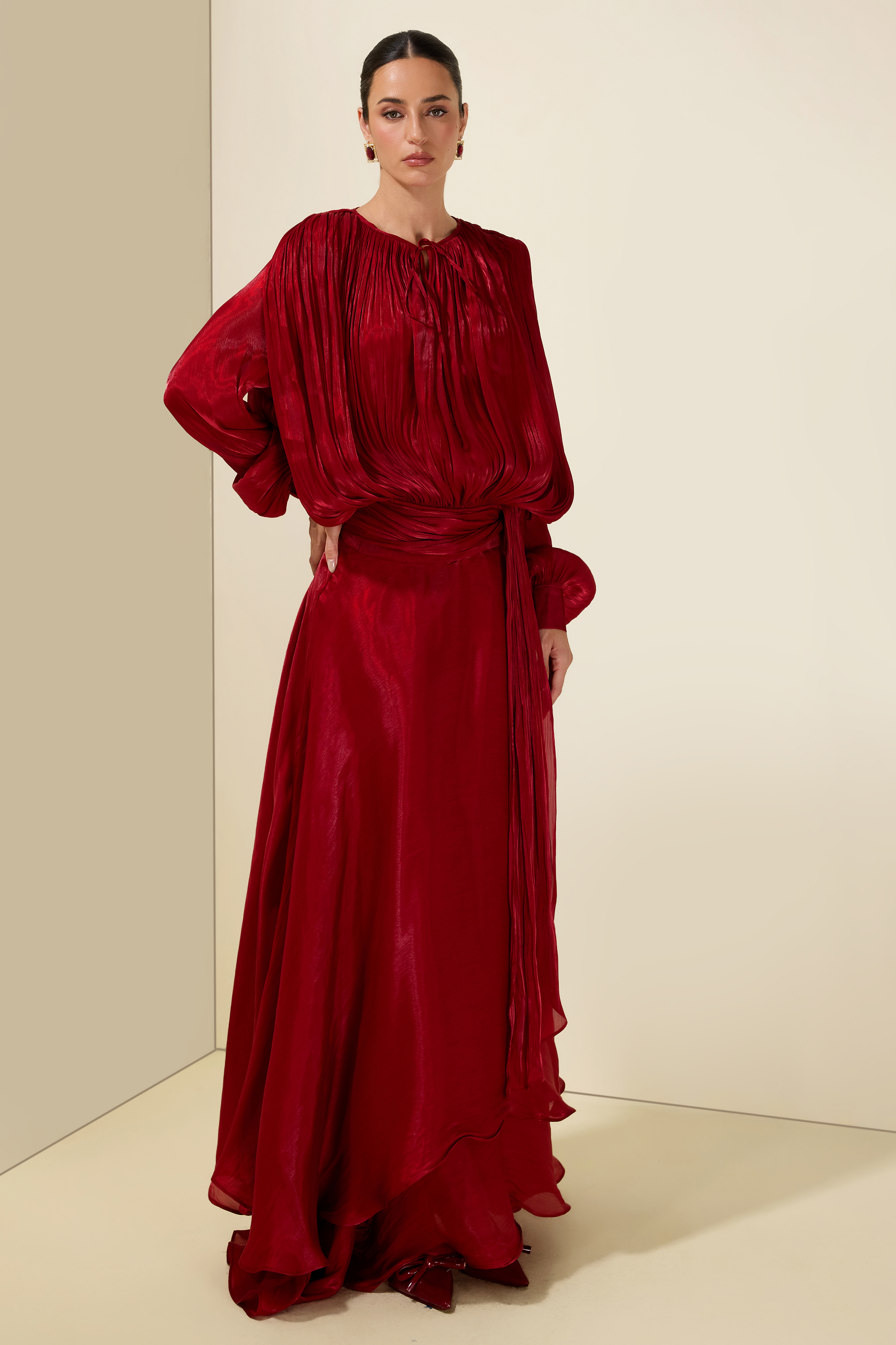 Gathering Long Sleeve Irregular Ruffle Midi Dress