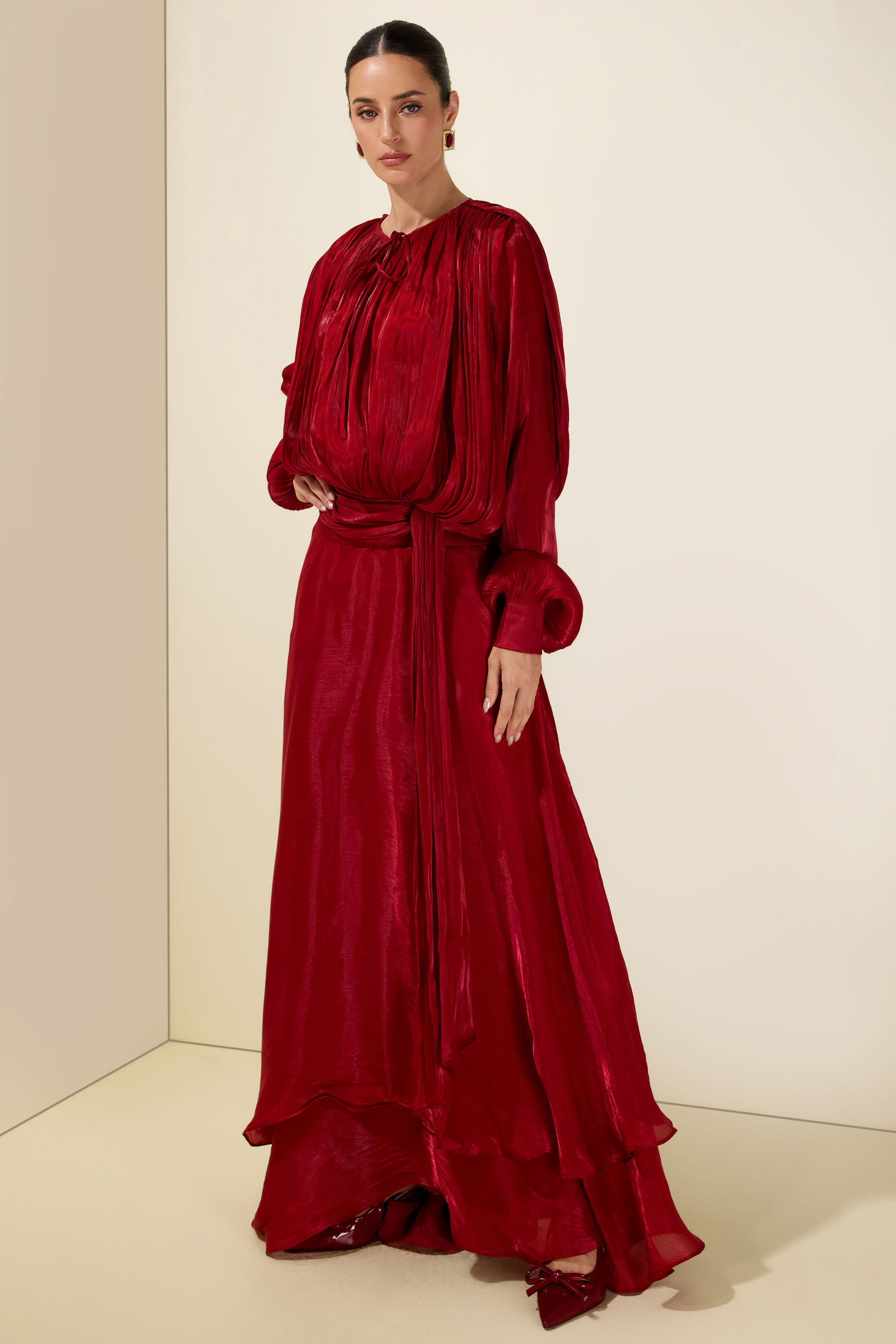 Gathering Long Sleeve Irregular Ruffle Midi Dress
