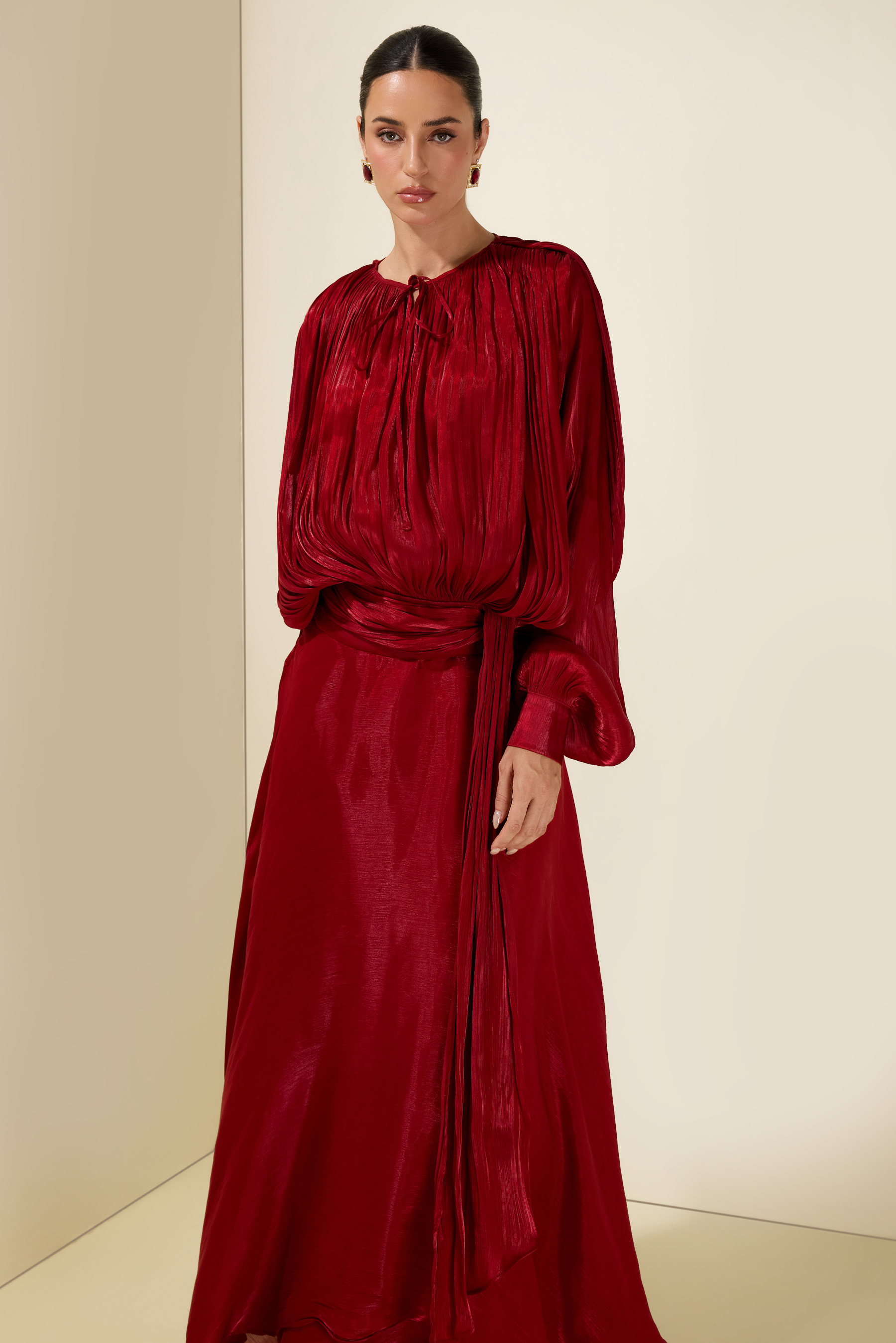 Gathering Long Sleeve Irregular Ruffle Midi Dress