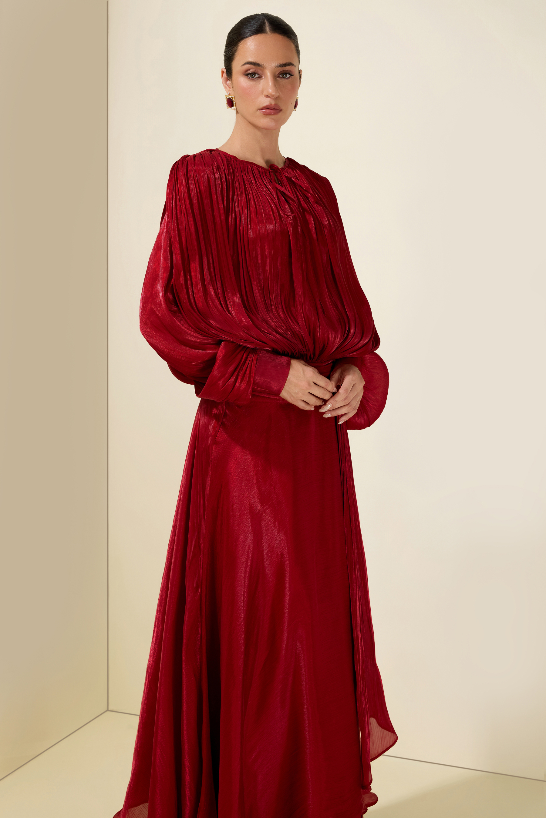 Gathering Long Sleeve Irregular Ruffle Midi Dress