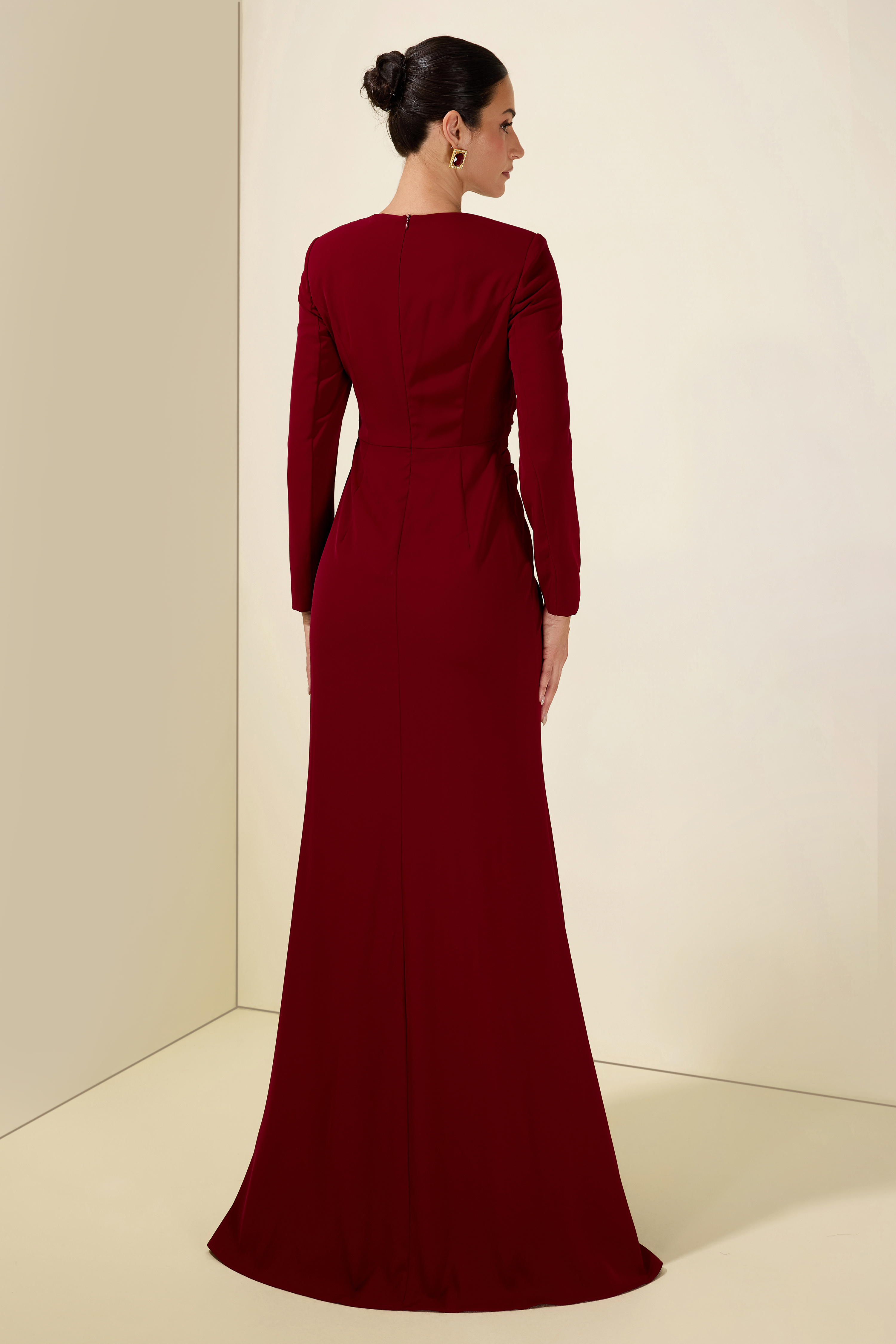 Pleat V Neck Long Sleeve Maxi Dress