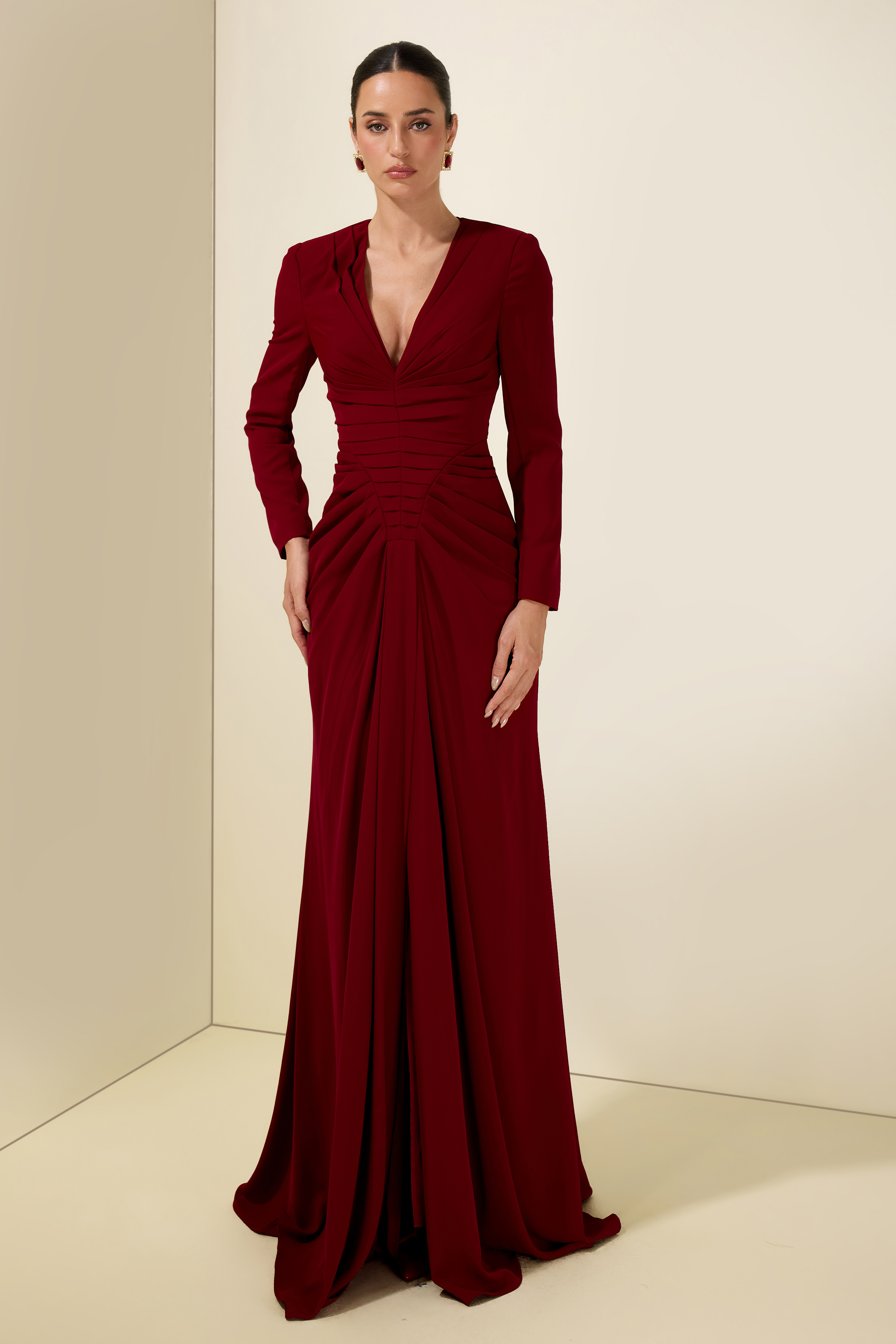 Pleat V Neck Long Sleeve Maxi Dress