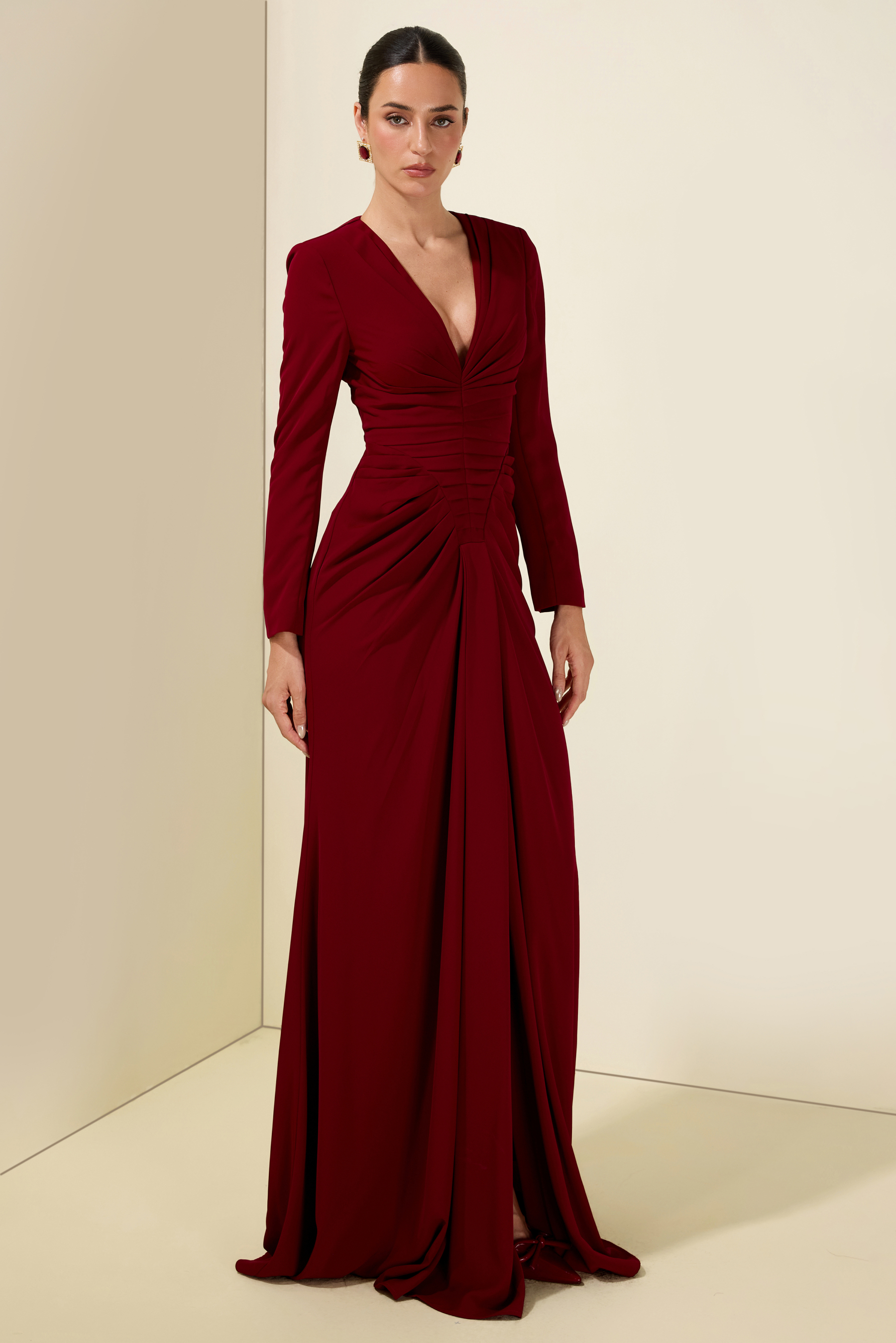 Pleat V Neck Long Sleeve Maxi Dress