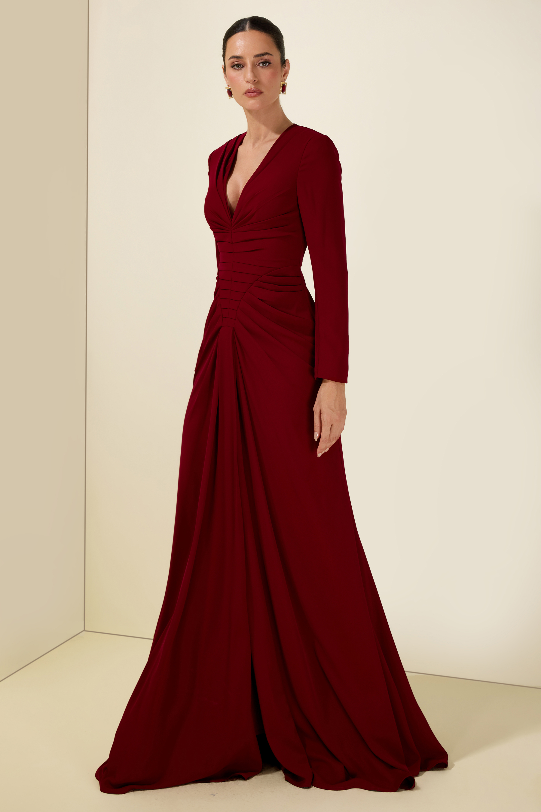 Pleat V Neck Long Sleeve Maxi Dress