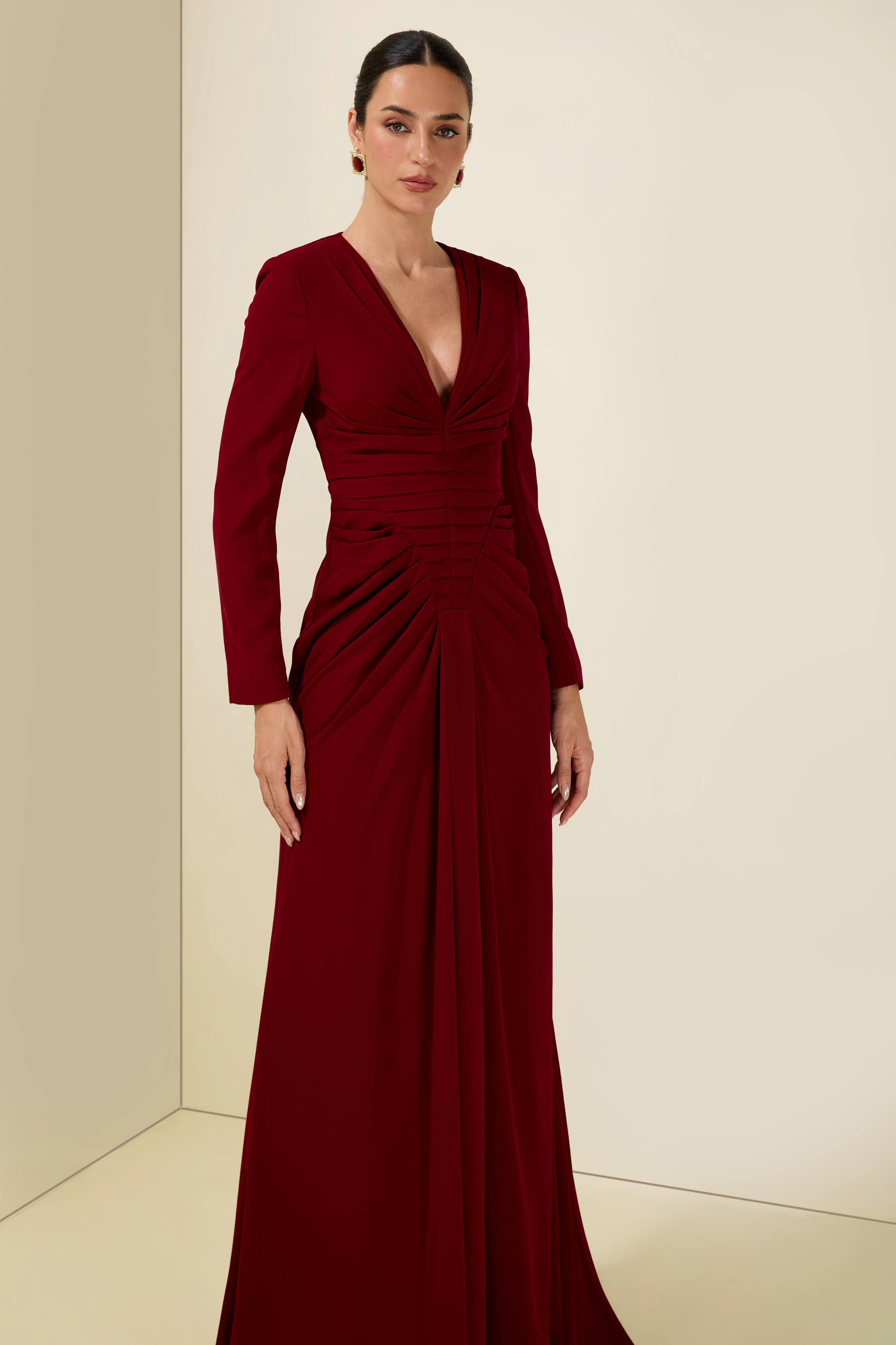Pleat V Neck Long Sleeve Maxi Dress