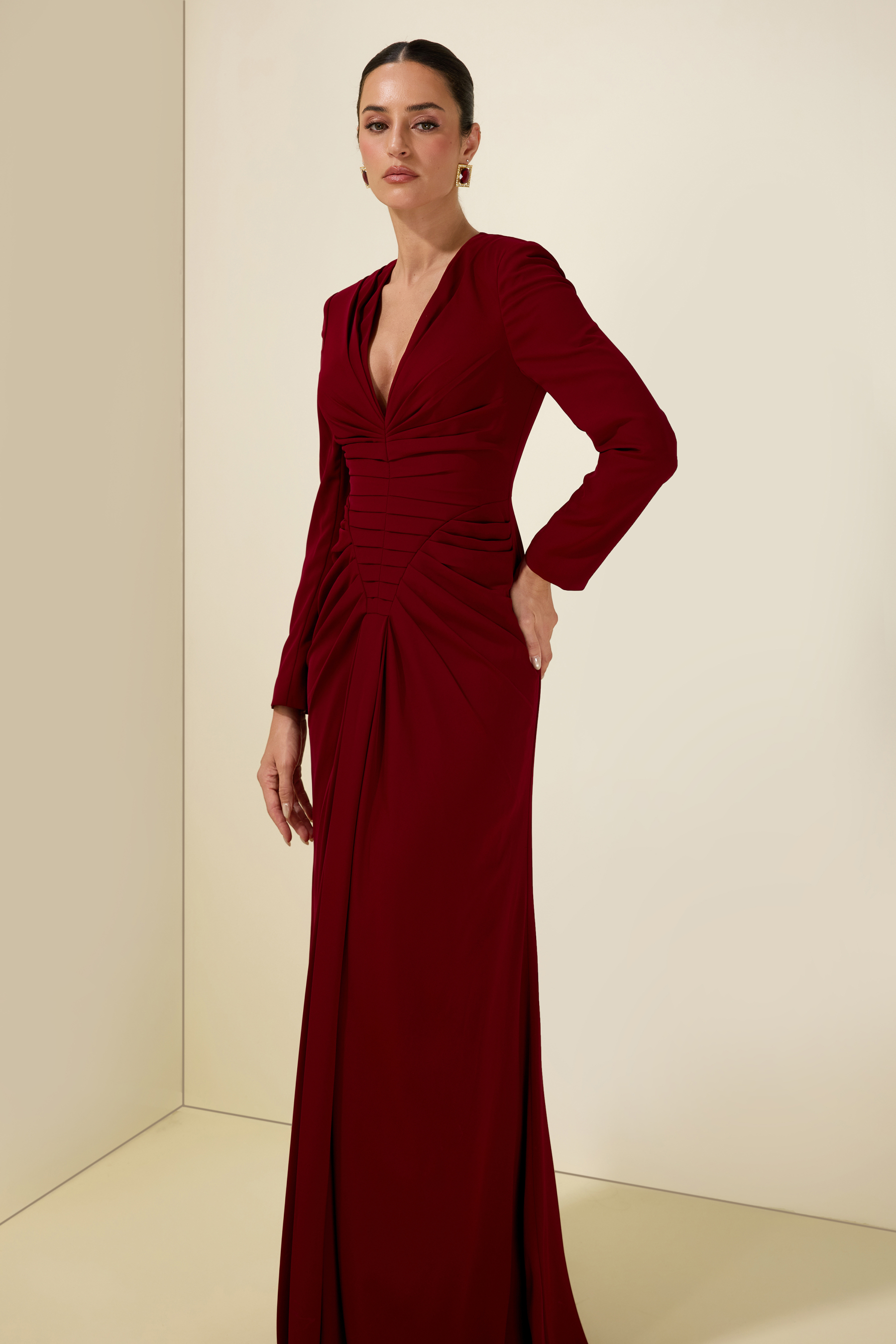 Pleat V Neck Long Sleeve Maxi Dress