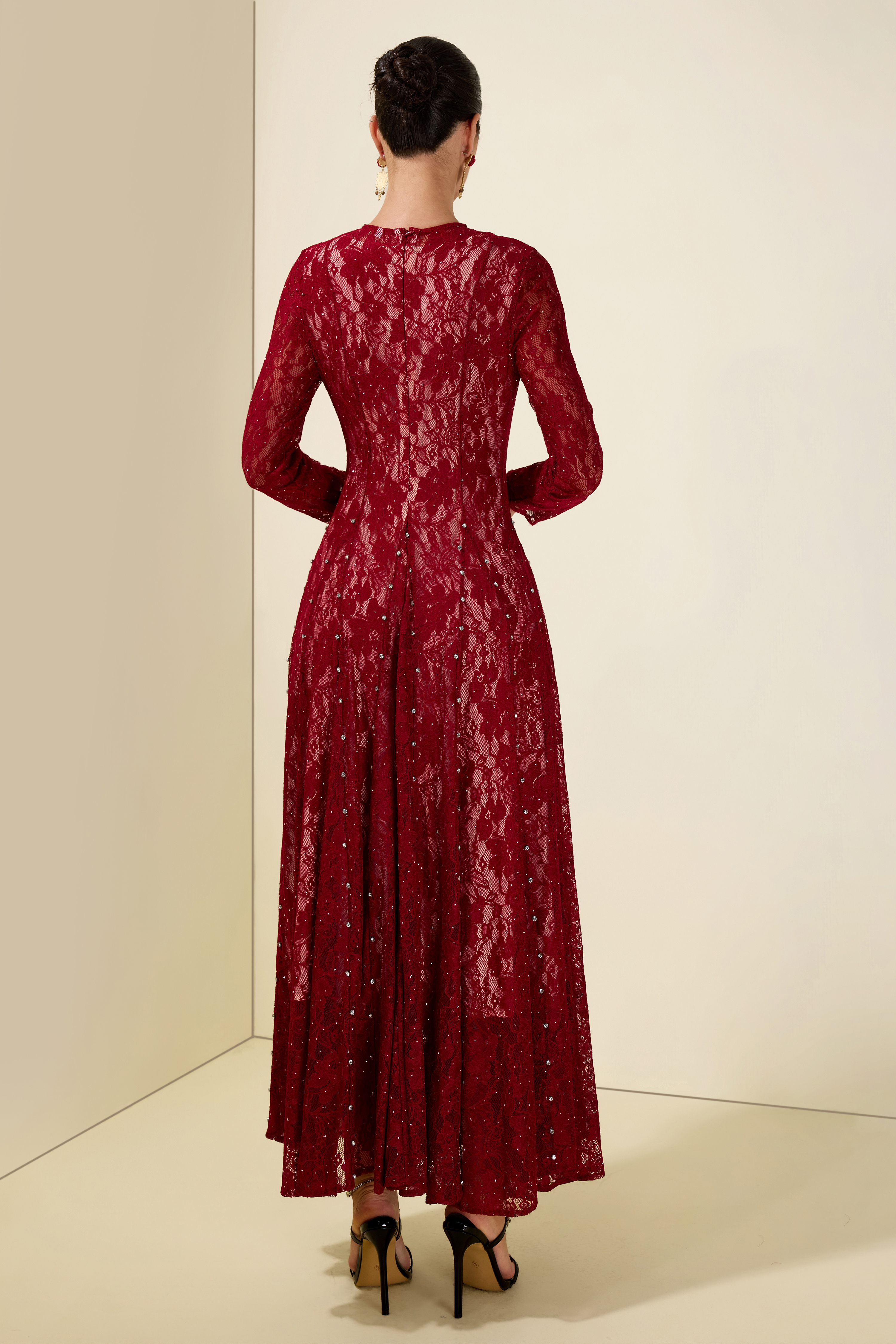 Lace Rhinestone Long Sleeve Midi Dress