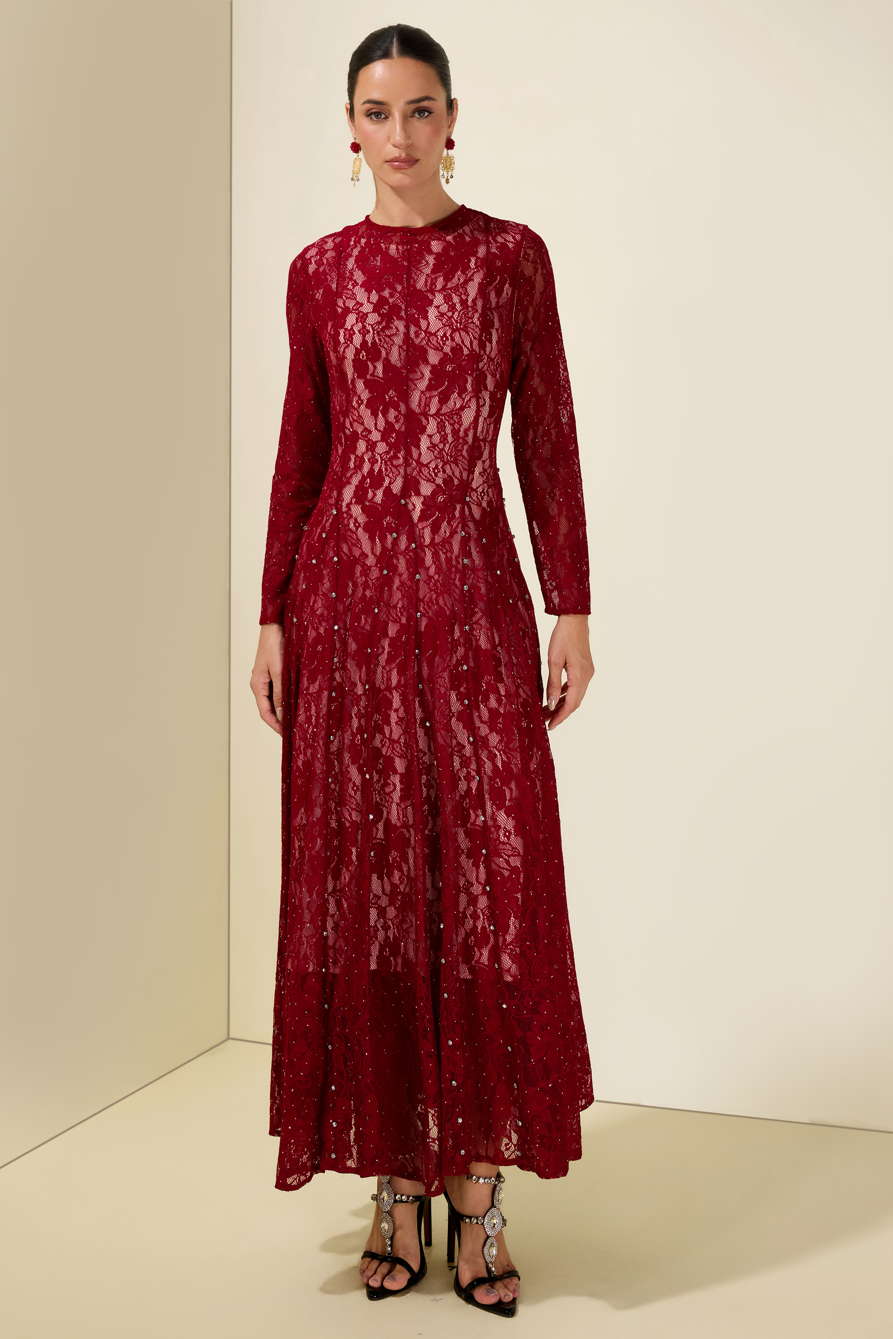 Lace Rhinestone Long Sleeve Midi Dress
