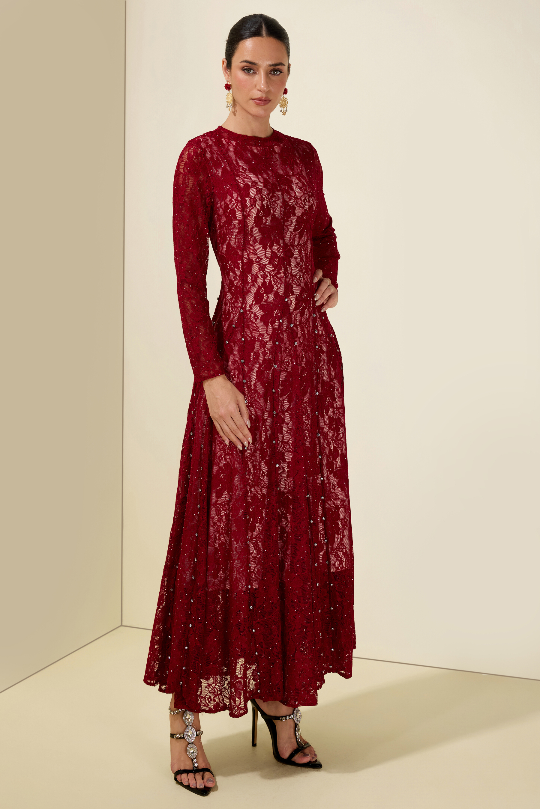 Lace Rhinestone Long Sleeve Midi Dress