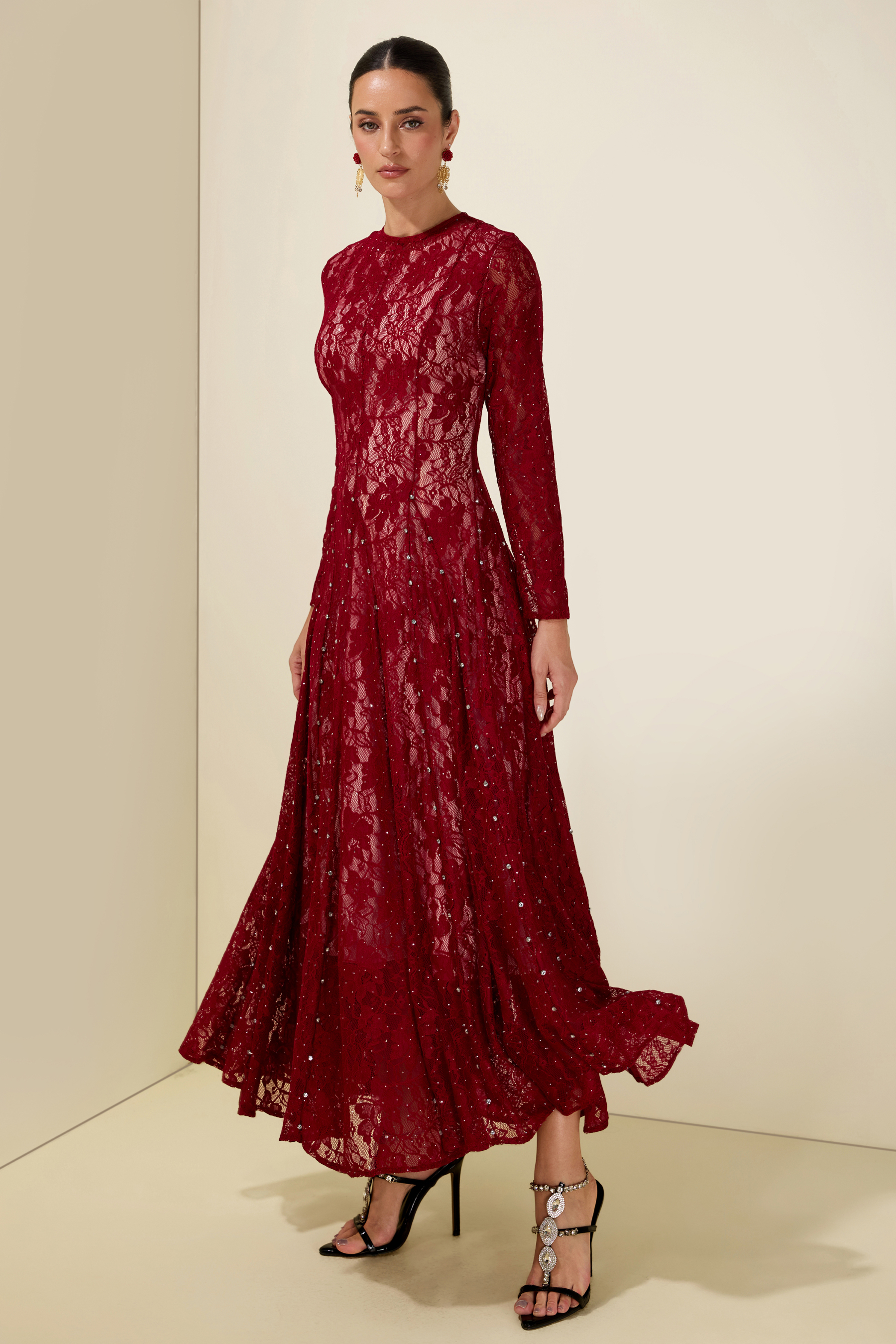 Lace Rhinestone Long Sleeve Midi Dress