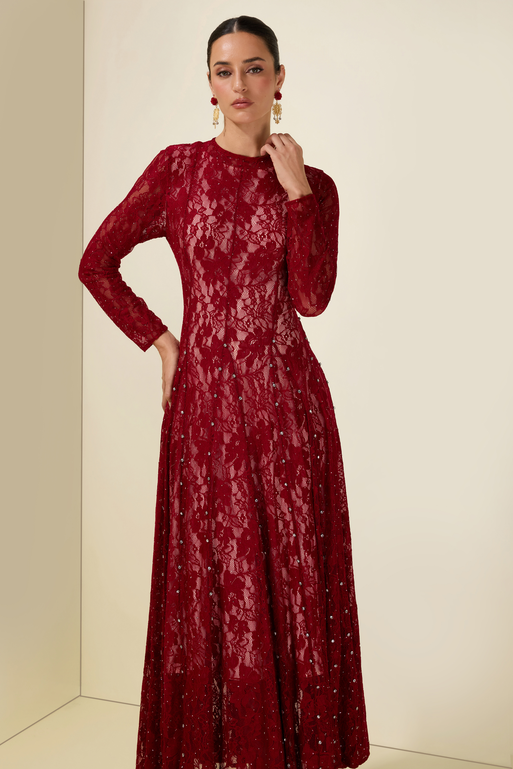 Lace Rhinestone Long Sleeve Midi Dress