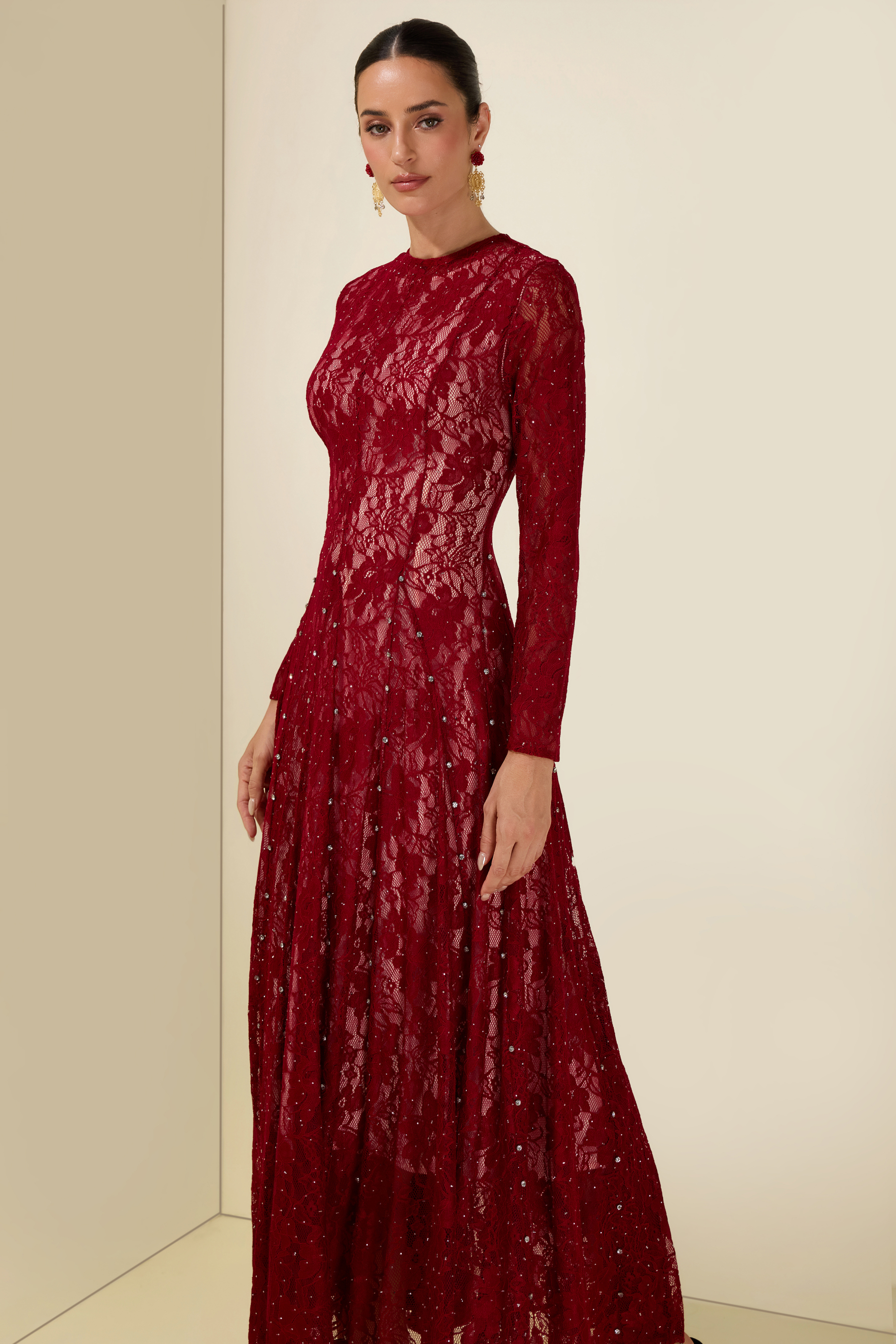 Lace Rhinestone Long Sleeve Midi Dress