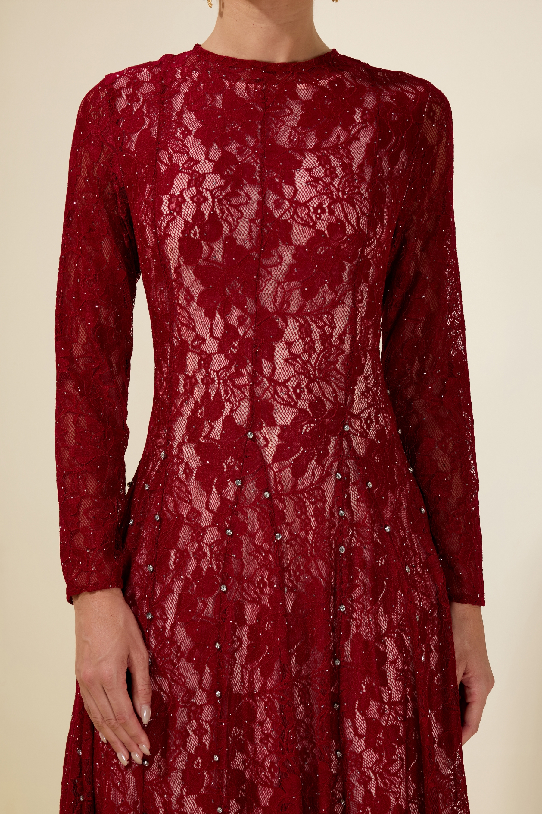 Lace Rhinestone Long Sleeve Midi Dress