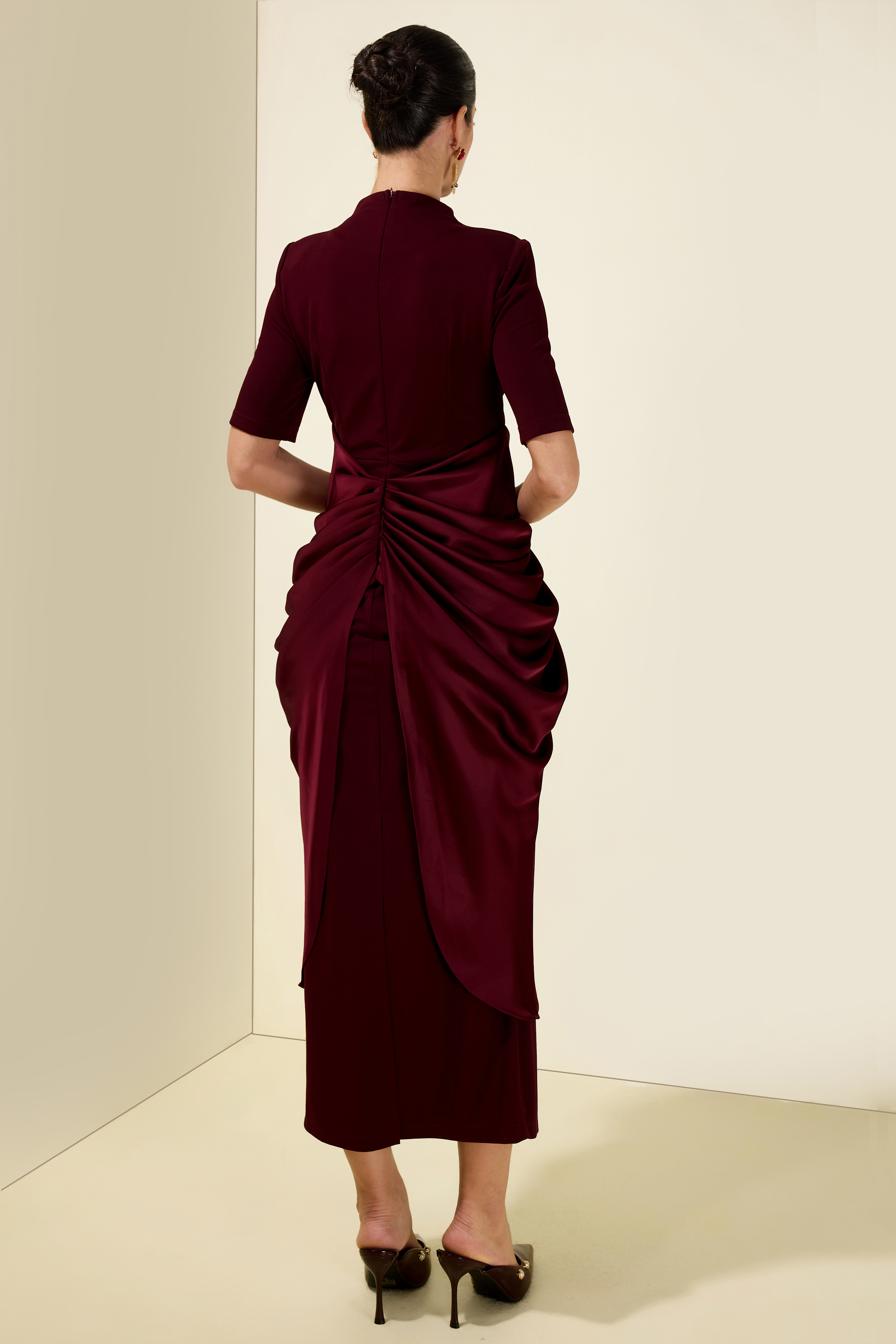 Draped Satin With Metal Brooch Midi Dress