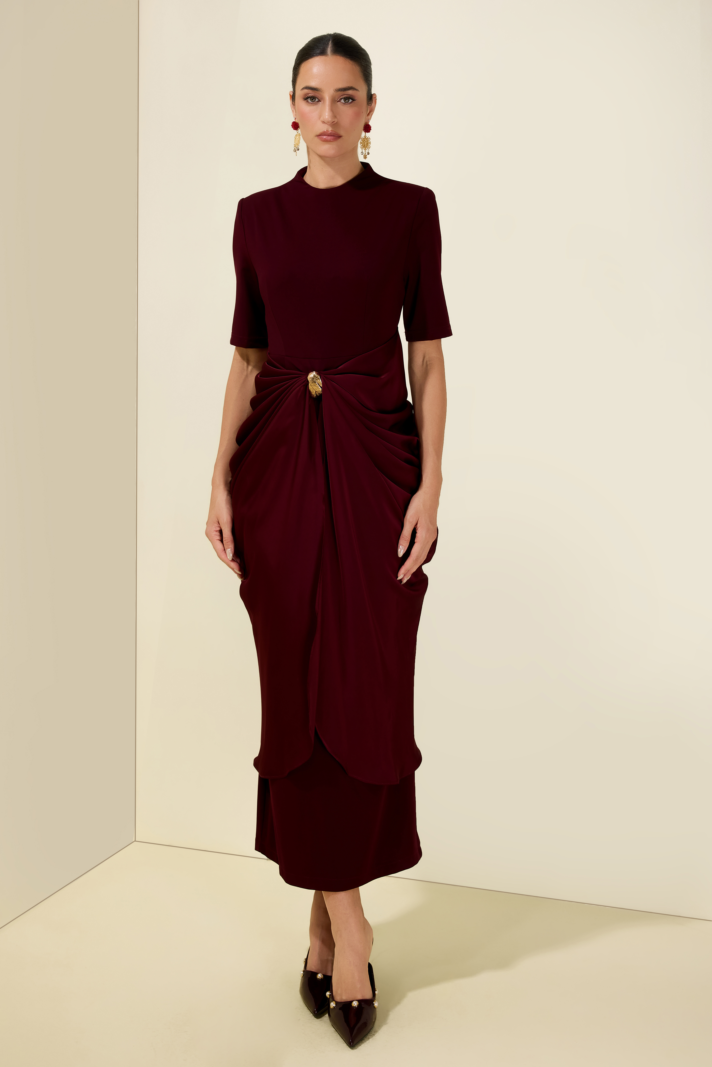 Draped Satin With Metal Brooch Midi Dress
