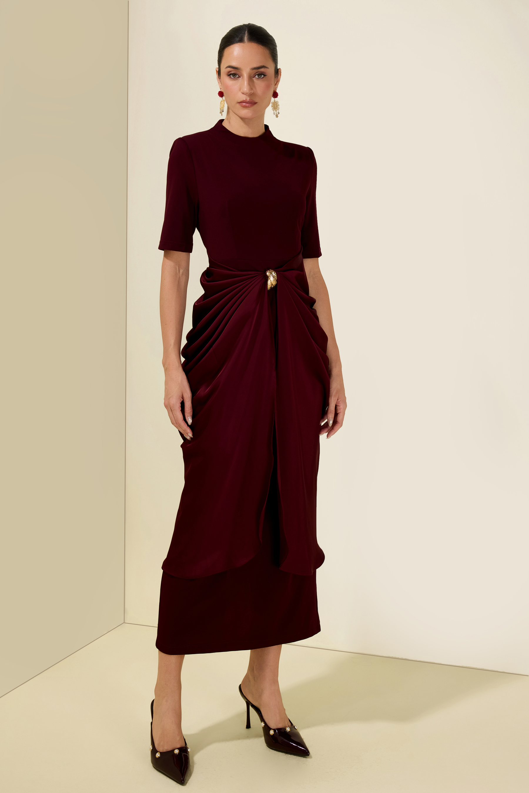 Draped Satin With Metal Brooch Midi Dress