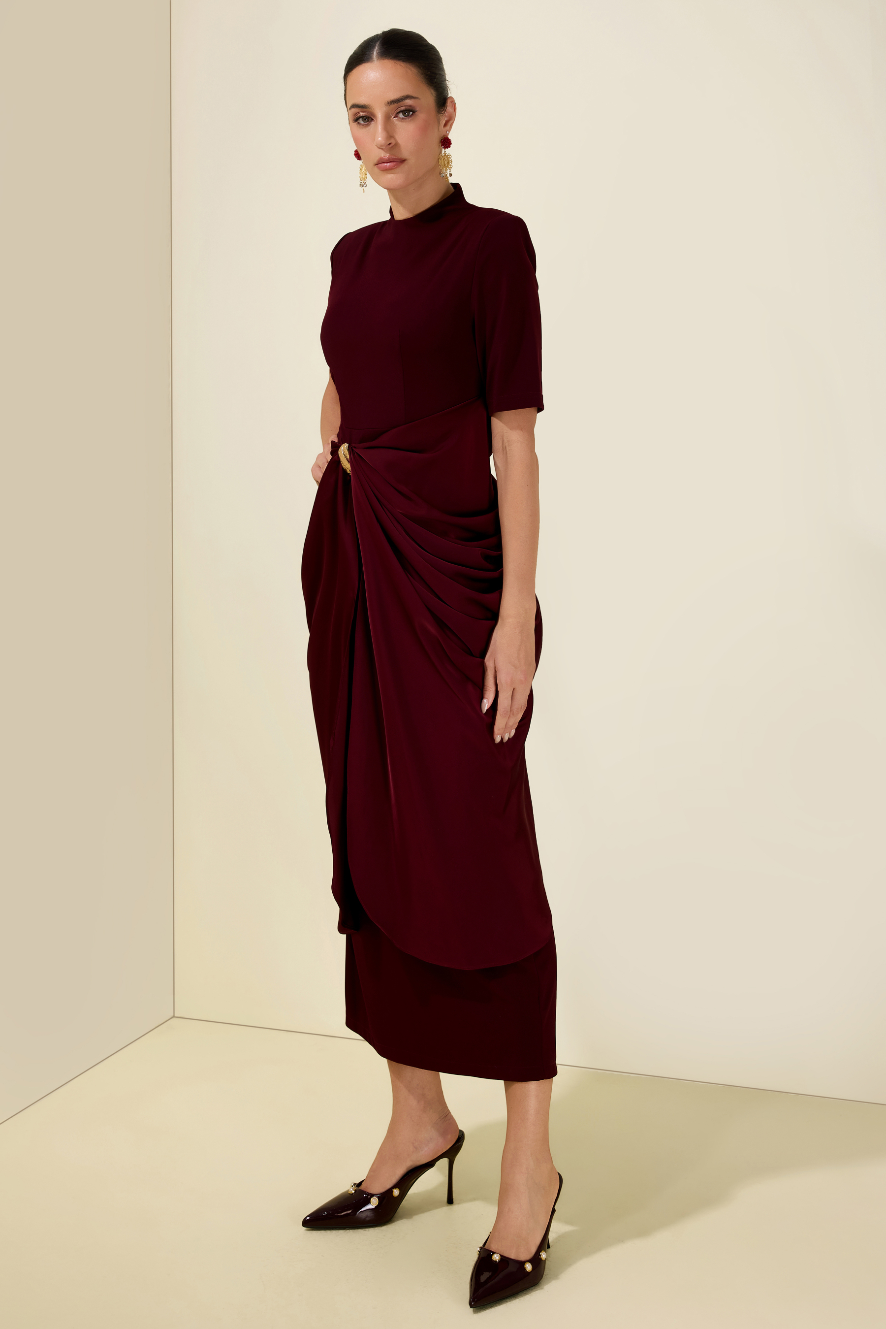 Draped Satin With Metal Brooch Midi Dress