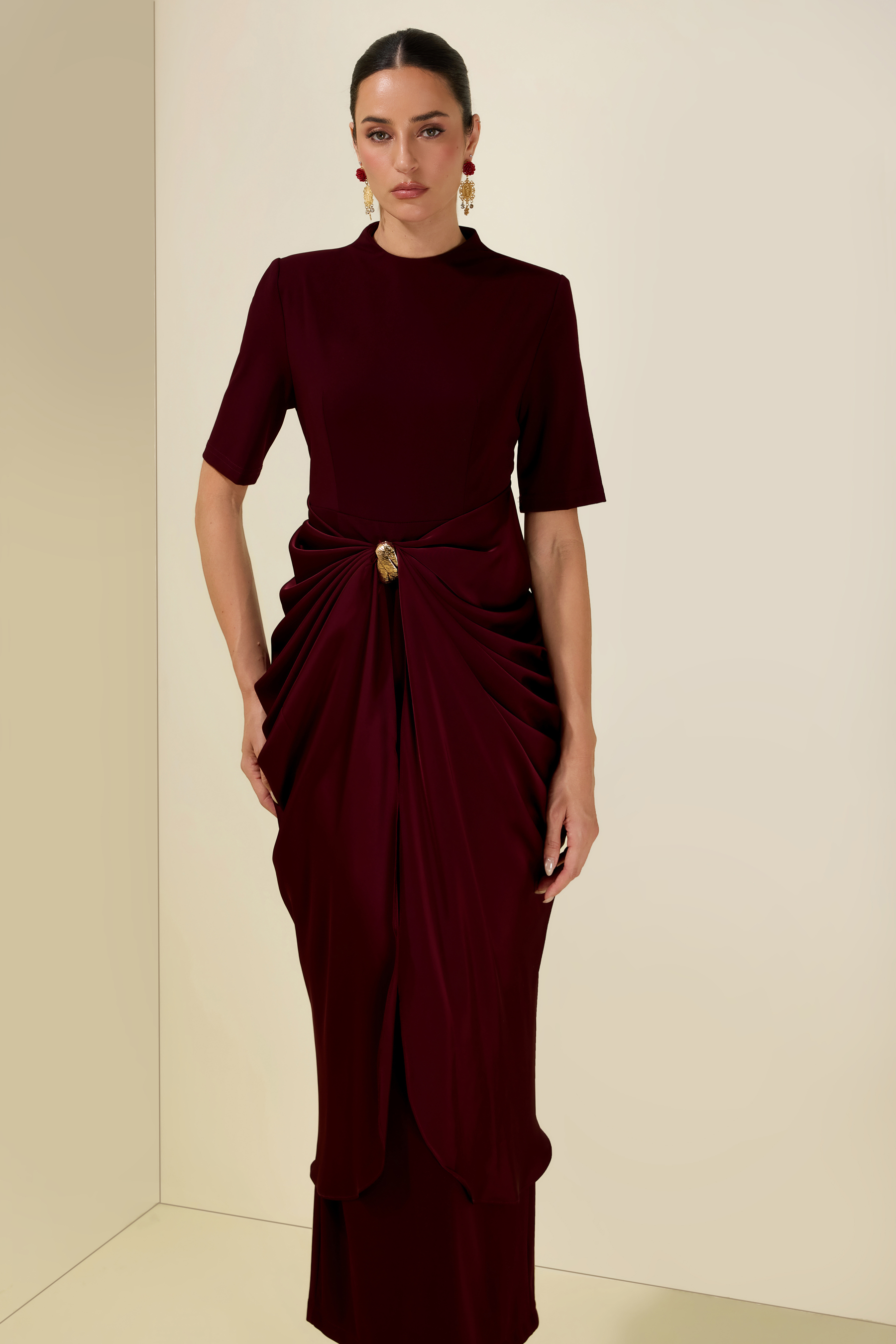 Draped Satin With Metal Brooch Midi Dress