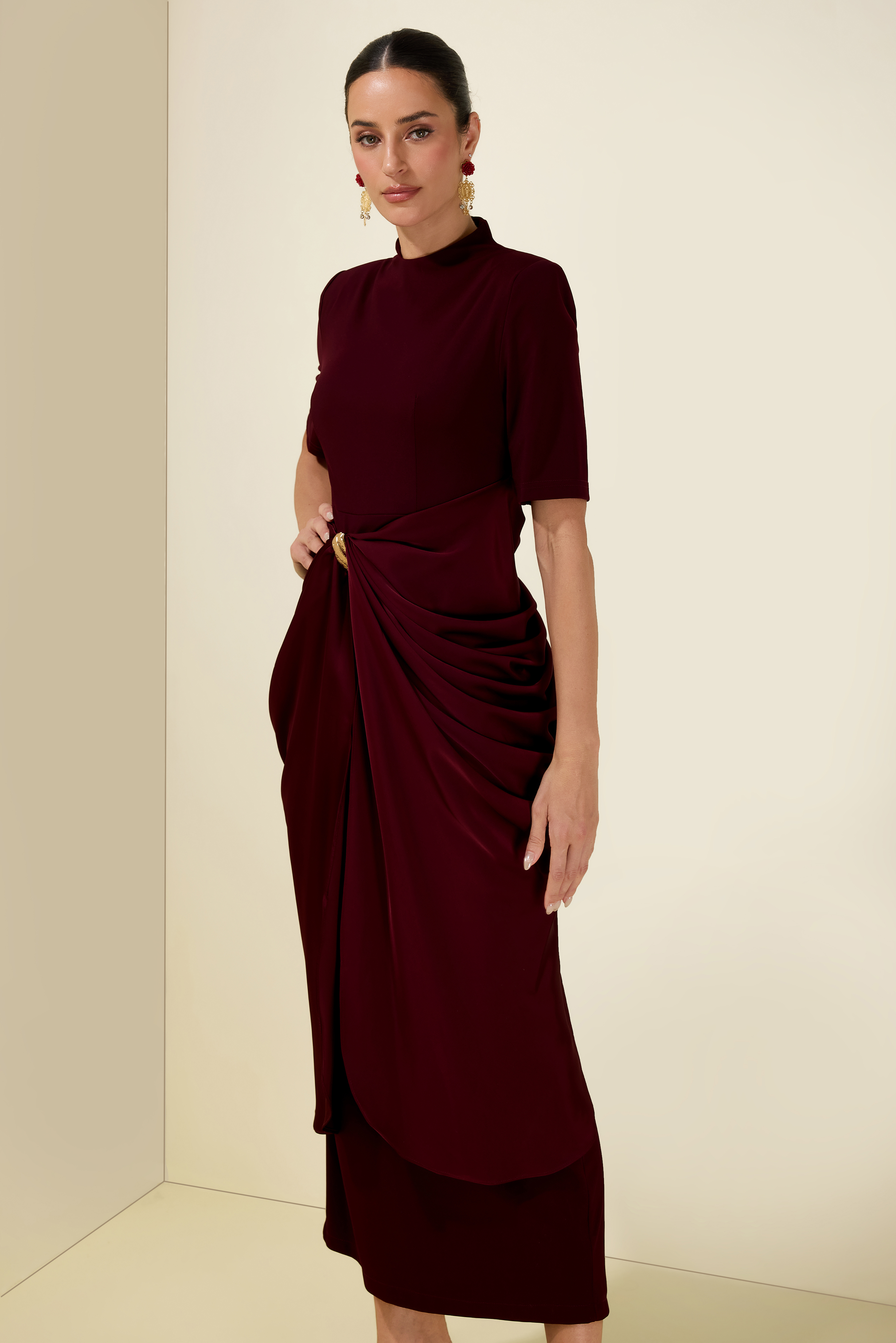 Draped Satin With Metal Brooch Midi Dress