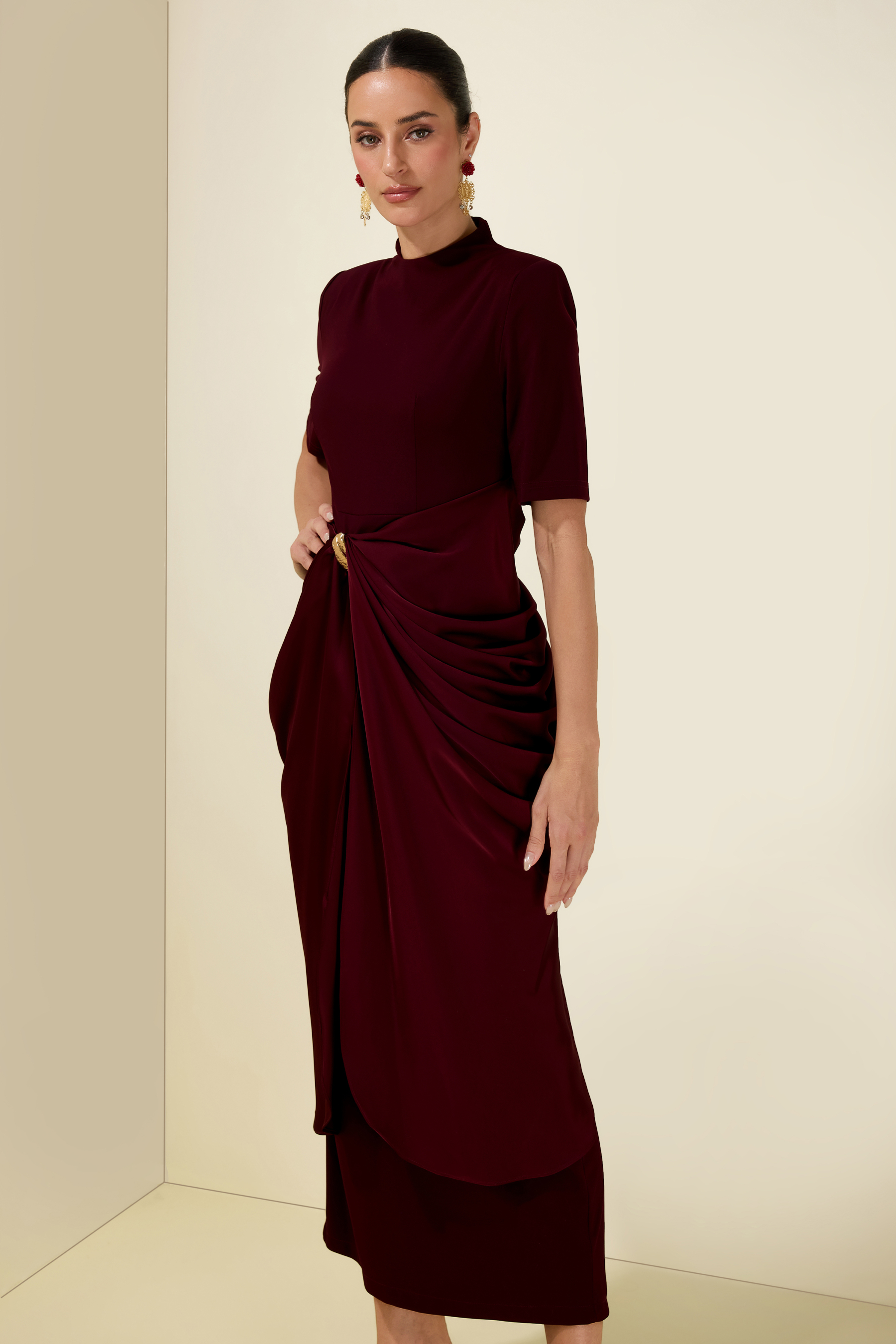 Draped Satin With Metal Brooch Midi Dress