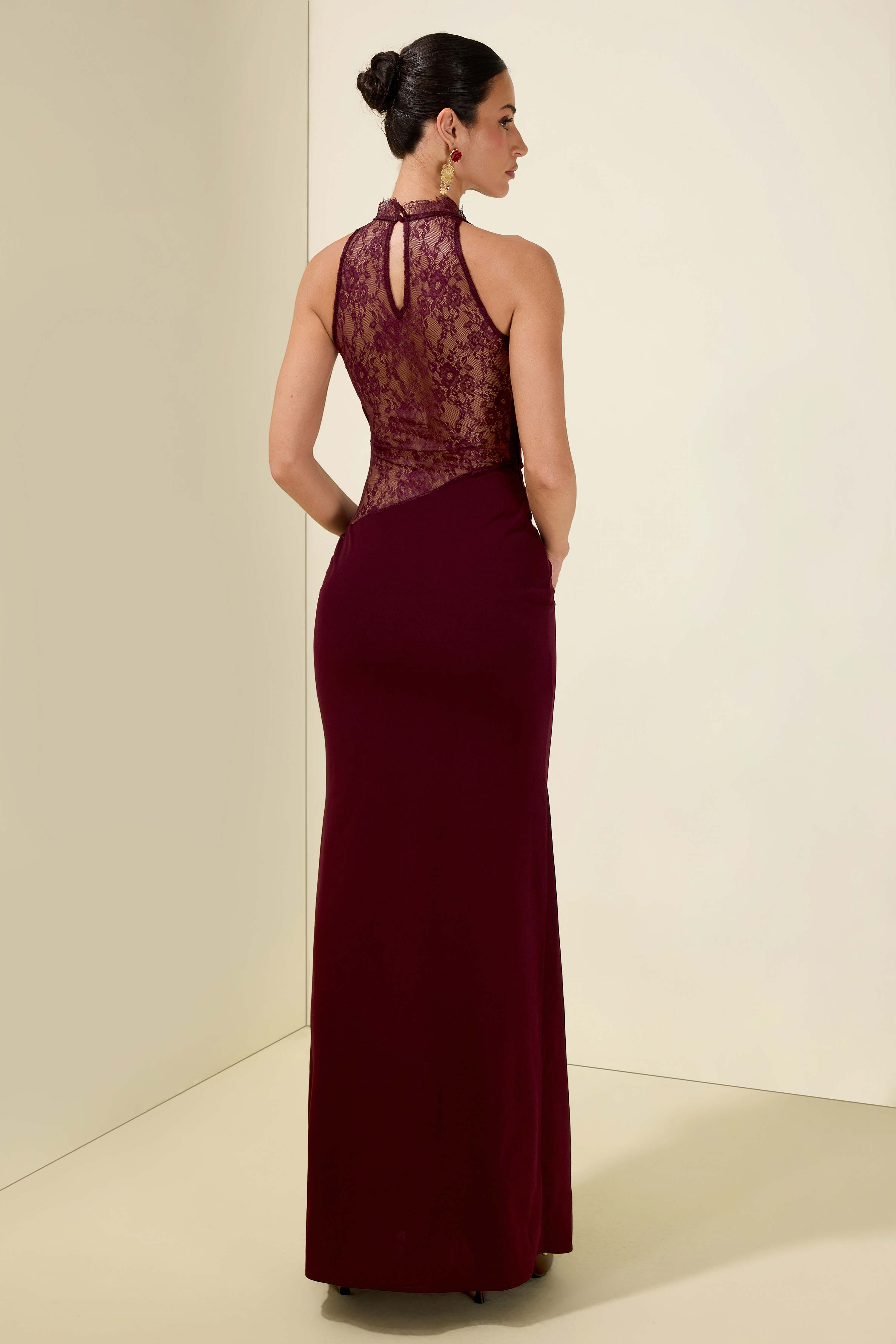 Lace Splicing Jersey See-Through Maxi Dress