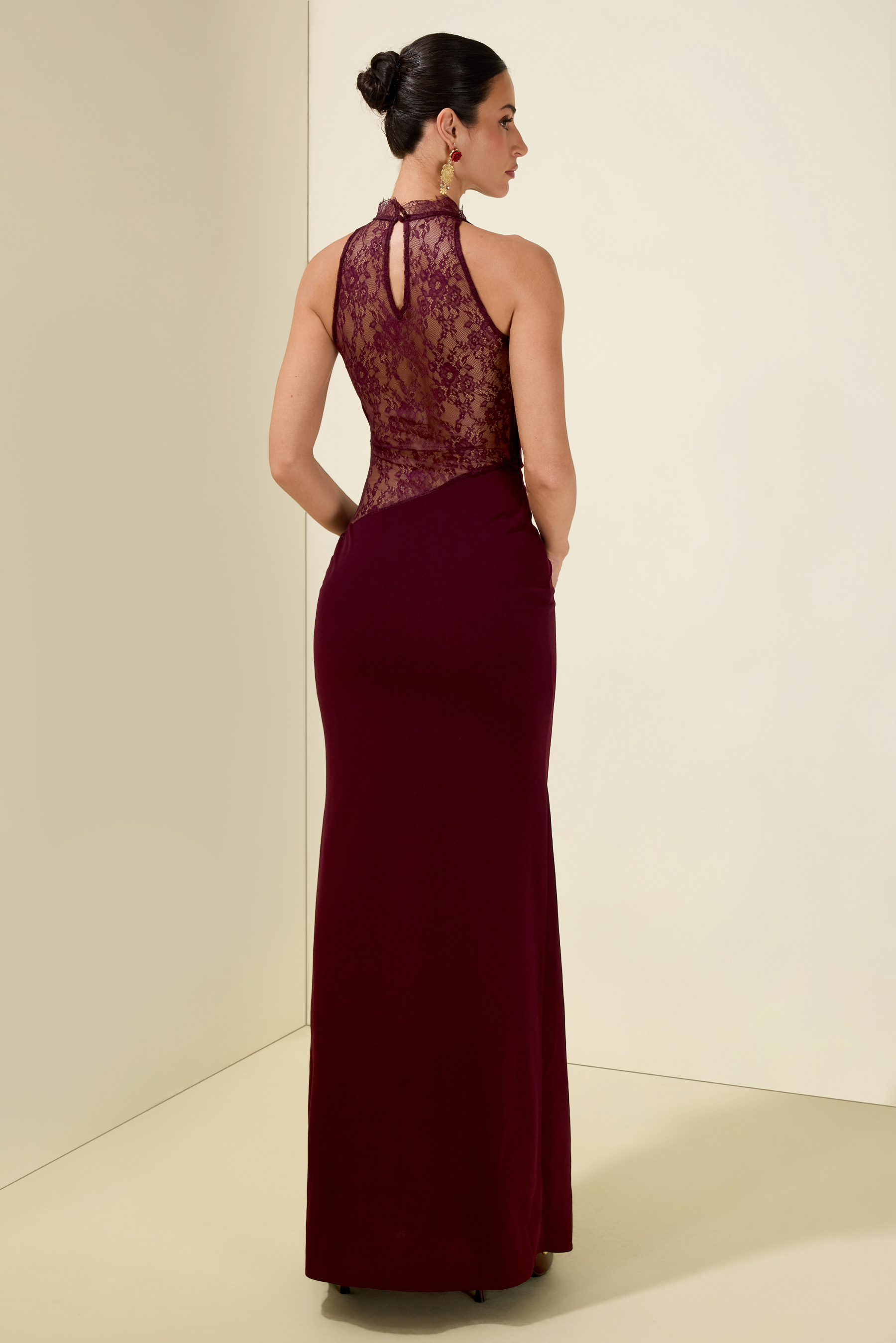 Lace Splicing Jersey See-Through Maxi Dress