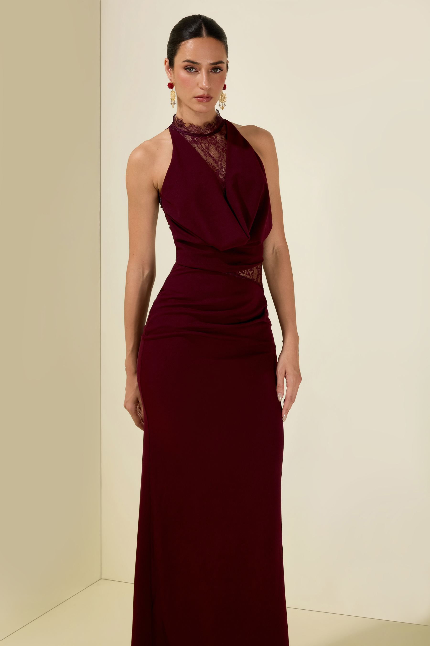 Lace Splicing Jersey See-Through Maxi Dress