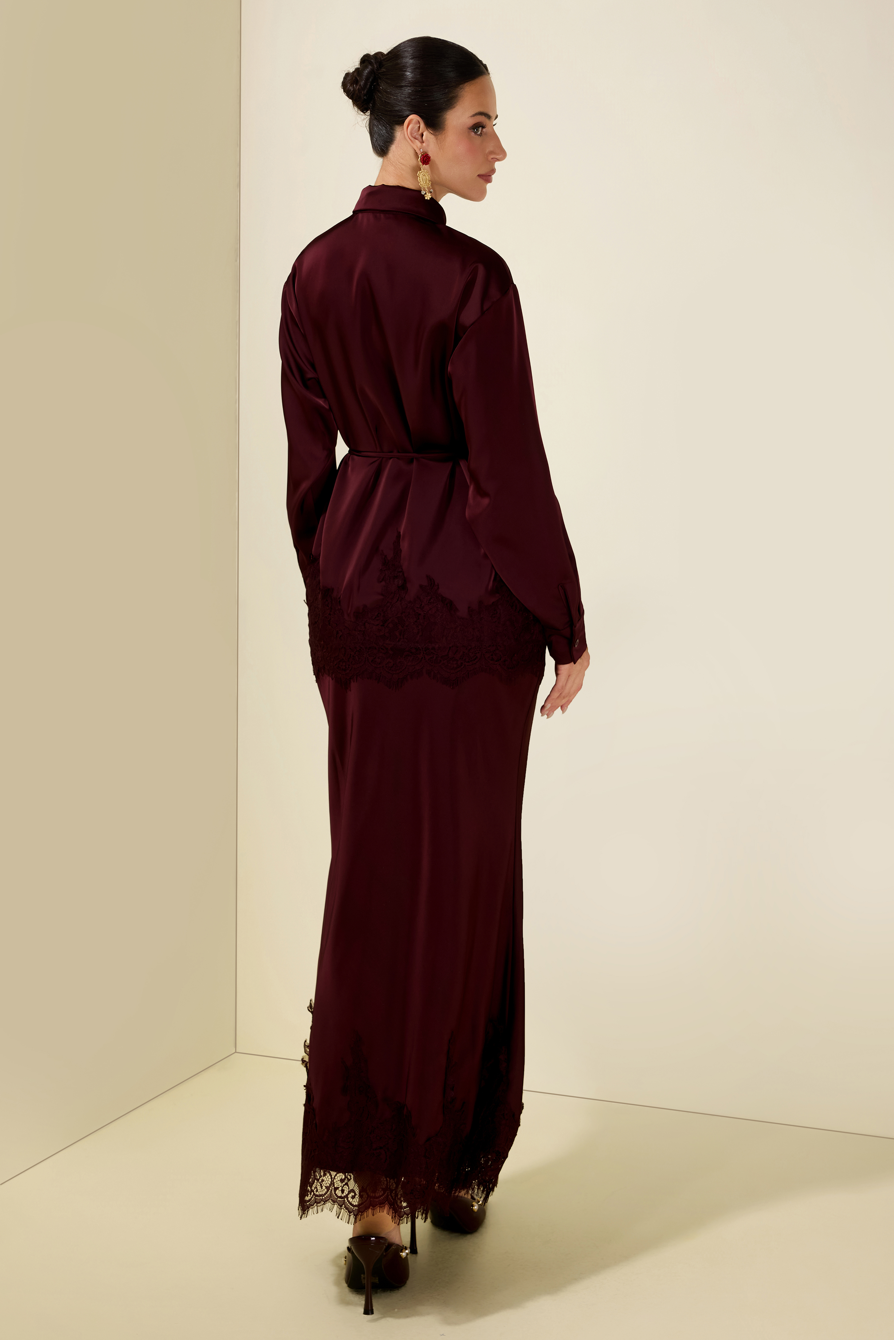 Satin Lace Blouse & Midi Skirt Set