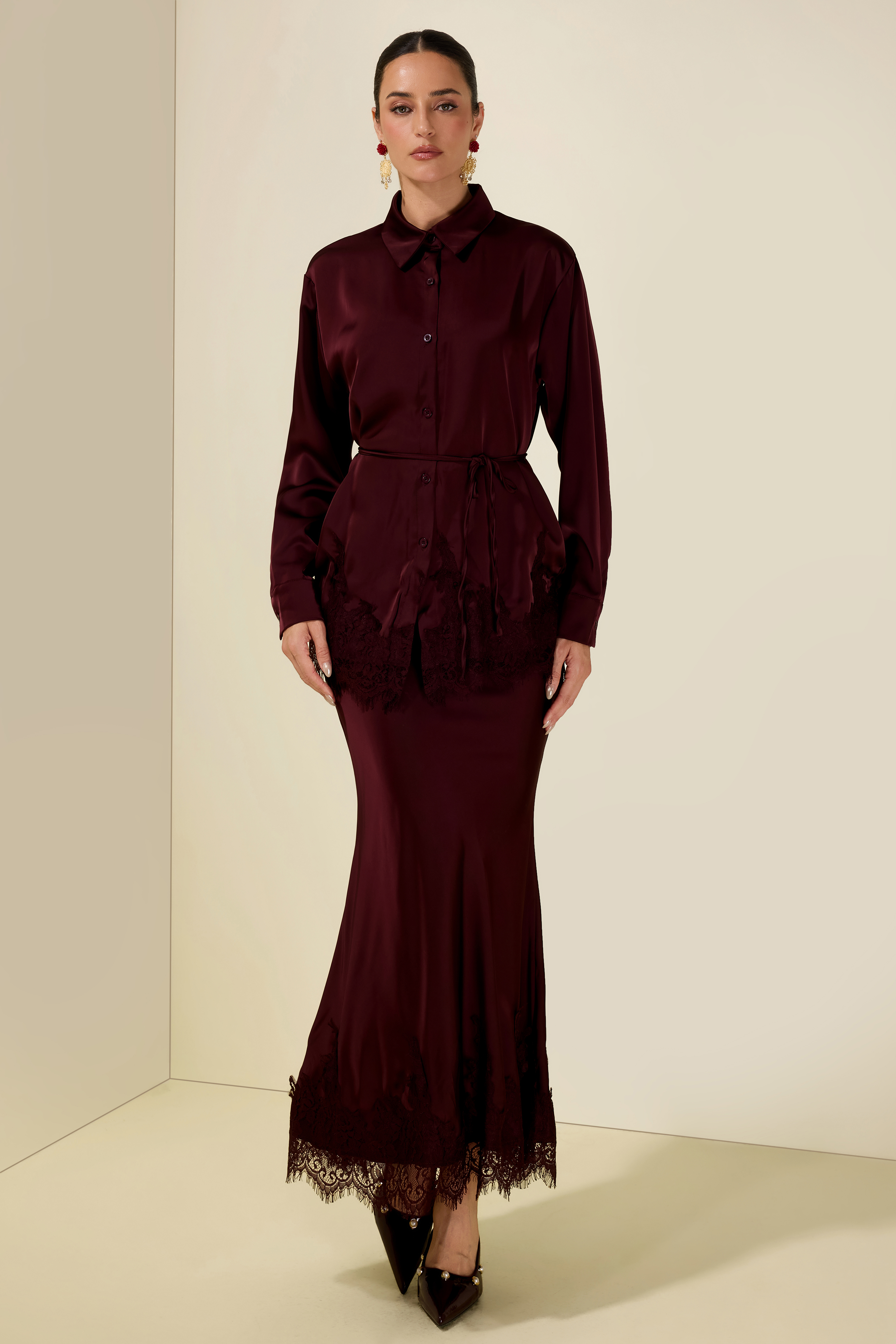 Satin Lace Blouse & Midi Skirt Set
