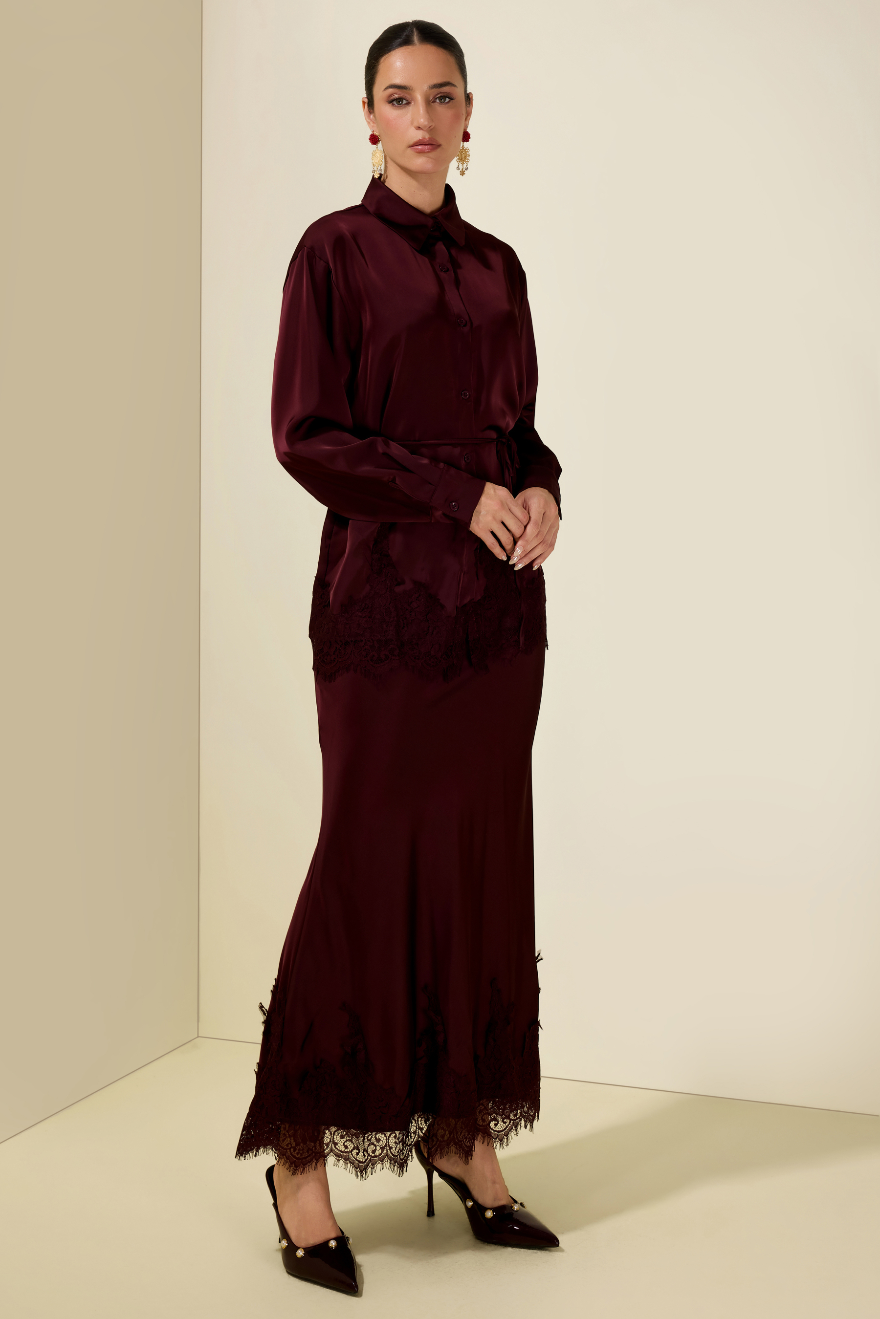 Satin Lace Blouse & Midi Skirt Set