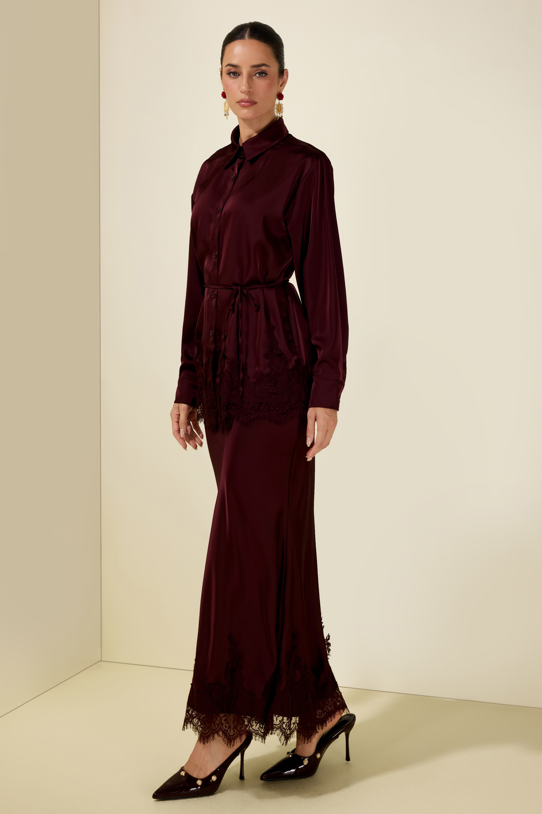 Satin Lace Blouse & Midi Skirt Set