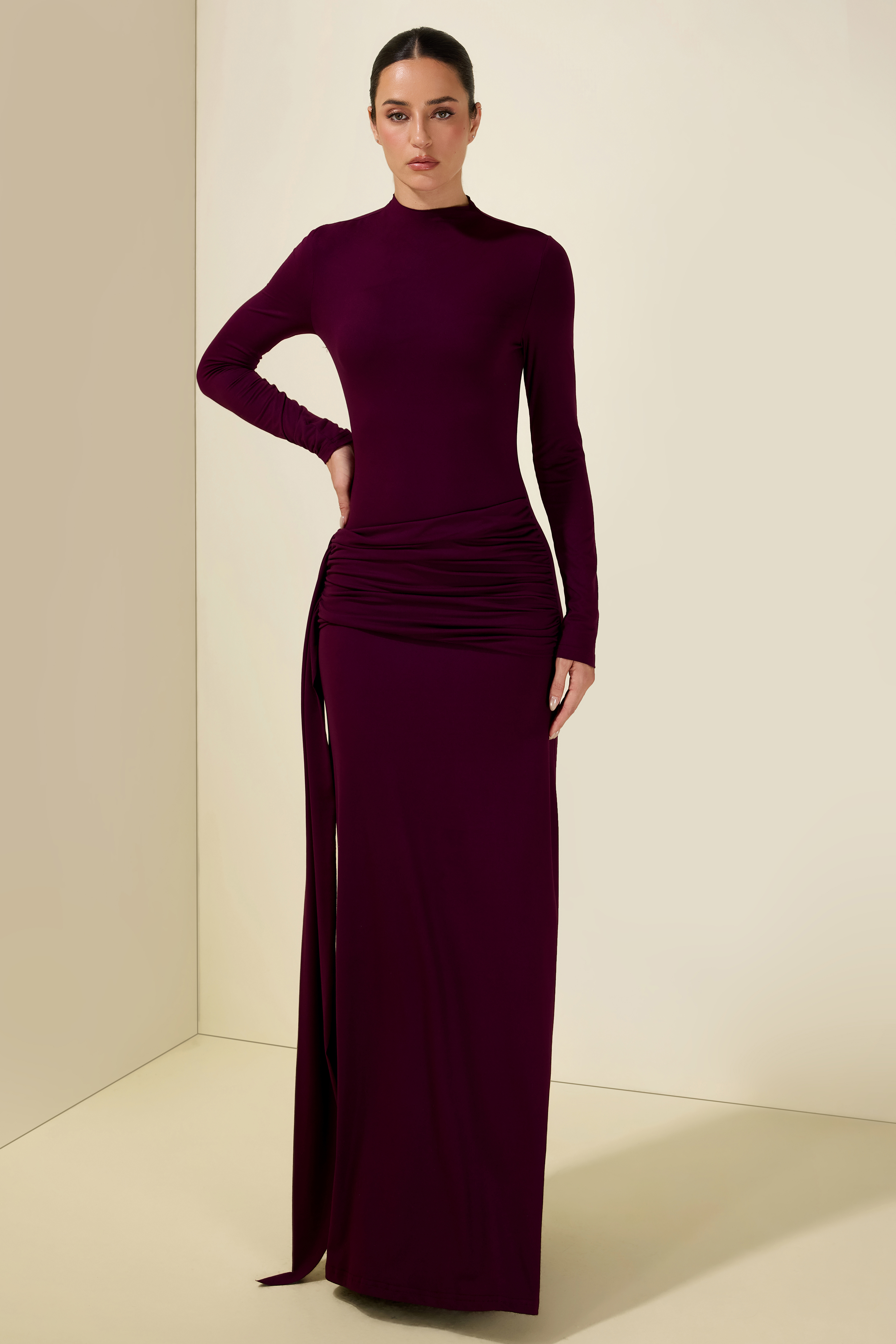 Jersey Stand Collar Long Sleeve Maxi Dress