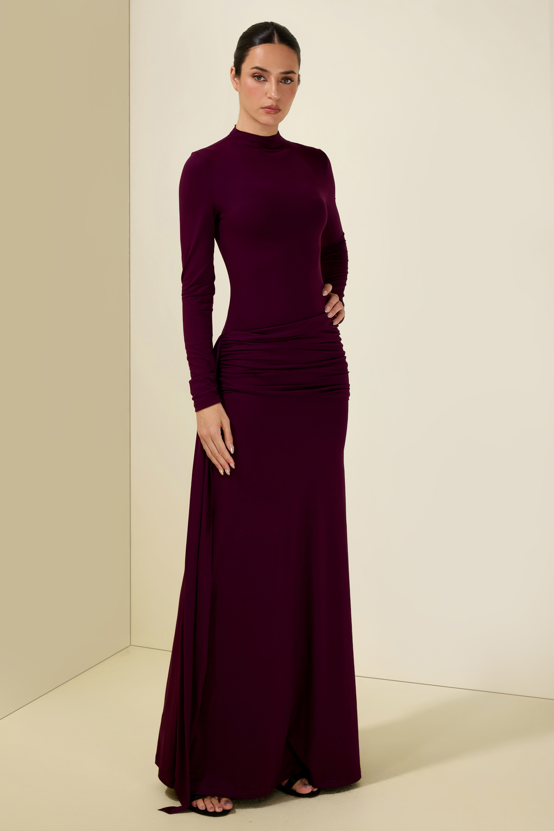 Jersey Stand Collar Long Sleeve Maxi Dress