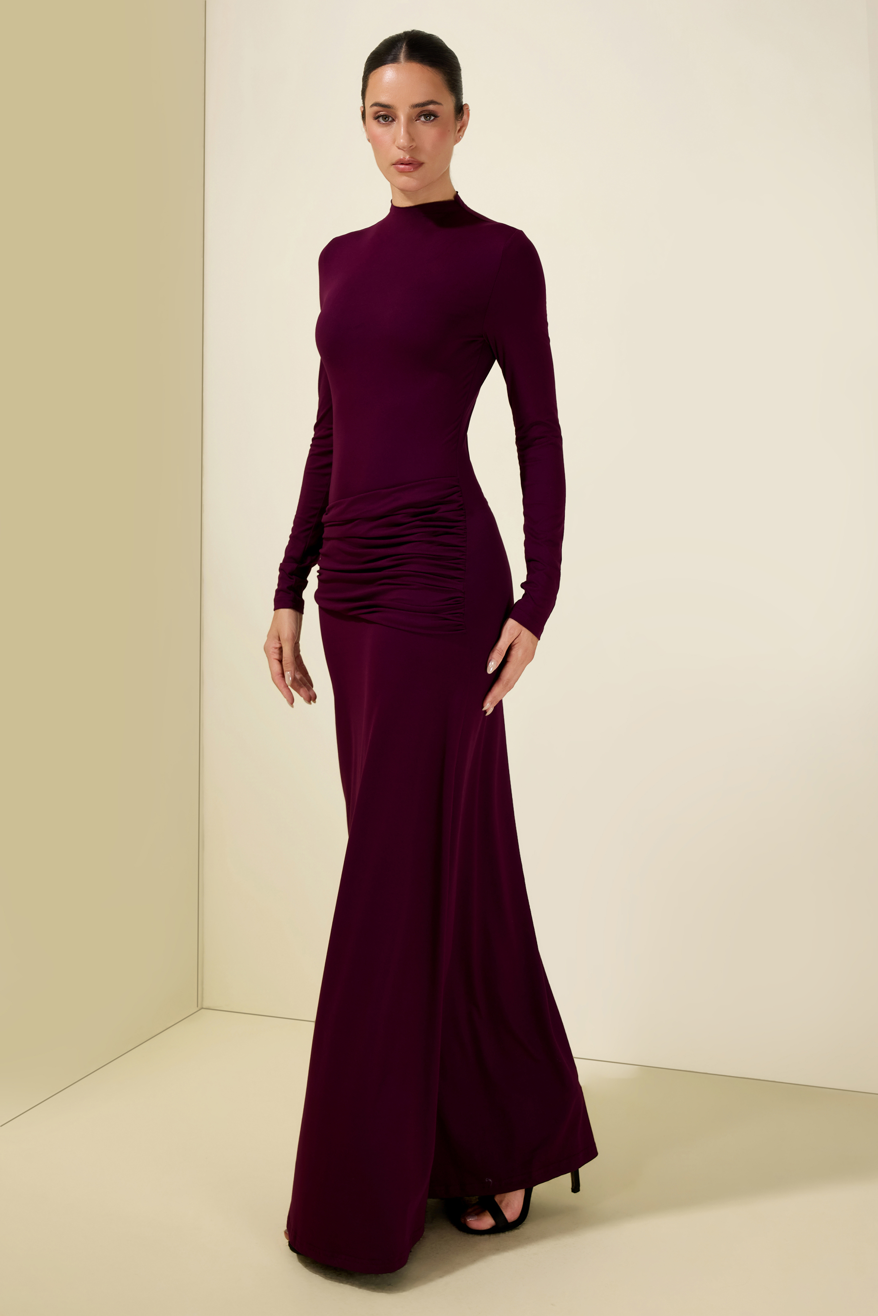 Jersey Stand Collar Long Sleeve Maxi Dress